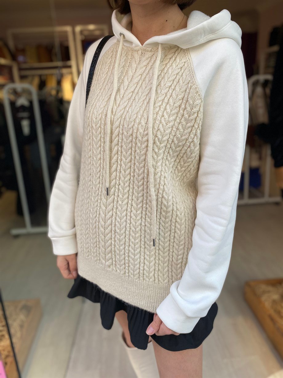 Bej Örgülü Triko Sweatshirt