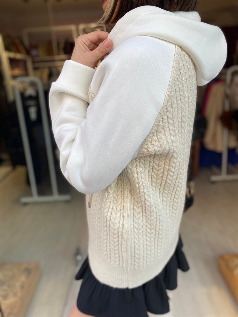 Bej Örgülü Triko Sweatshirt