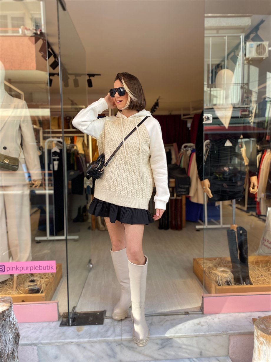 Bej Örgülü Triko Sweatshirt