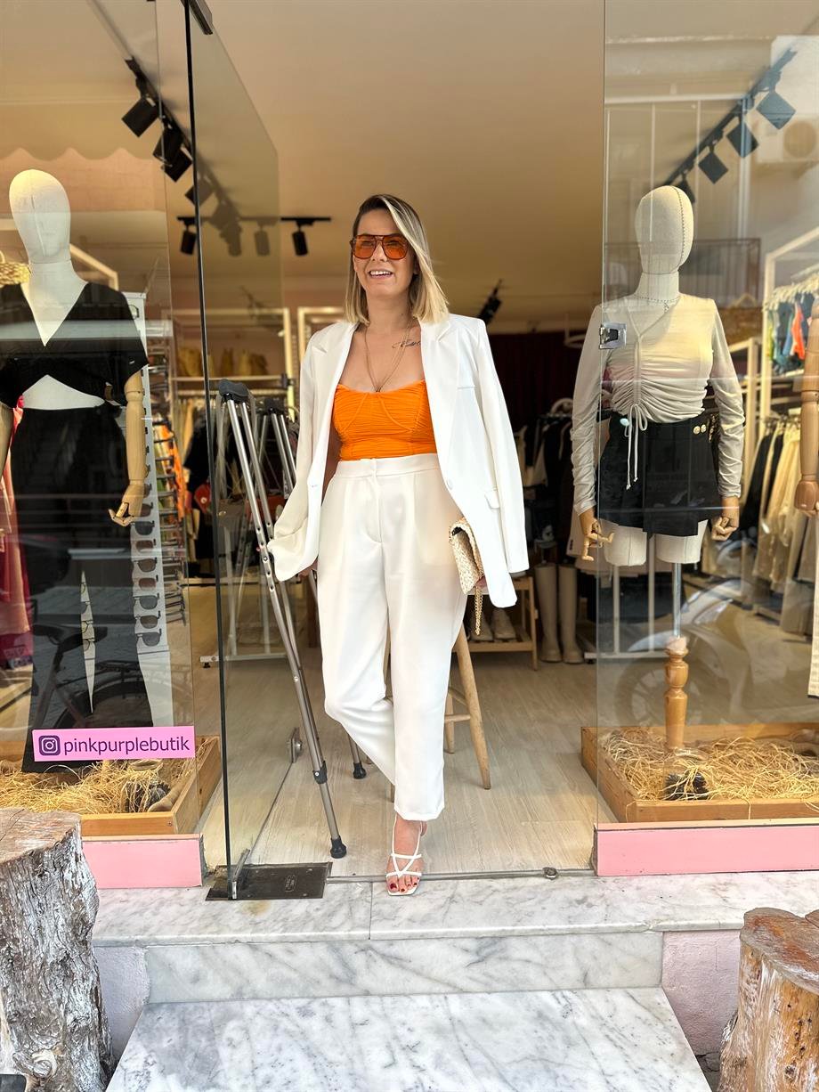 Beyaz Beli Lastikli Pantolon