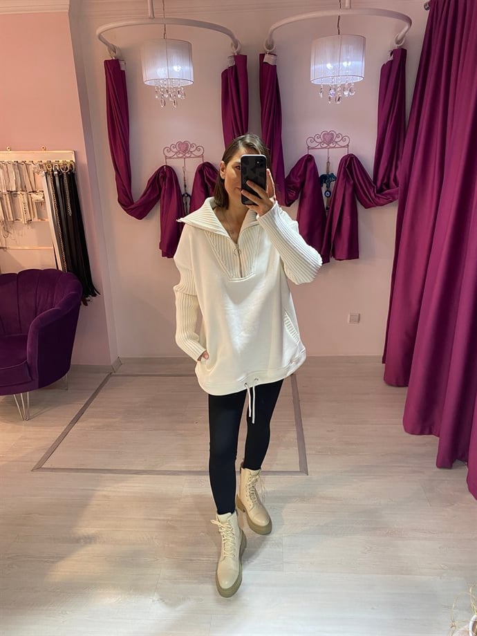 Beyaz Fermuarlı Sweatshirt