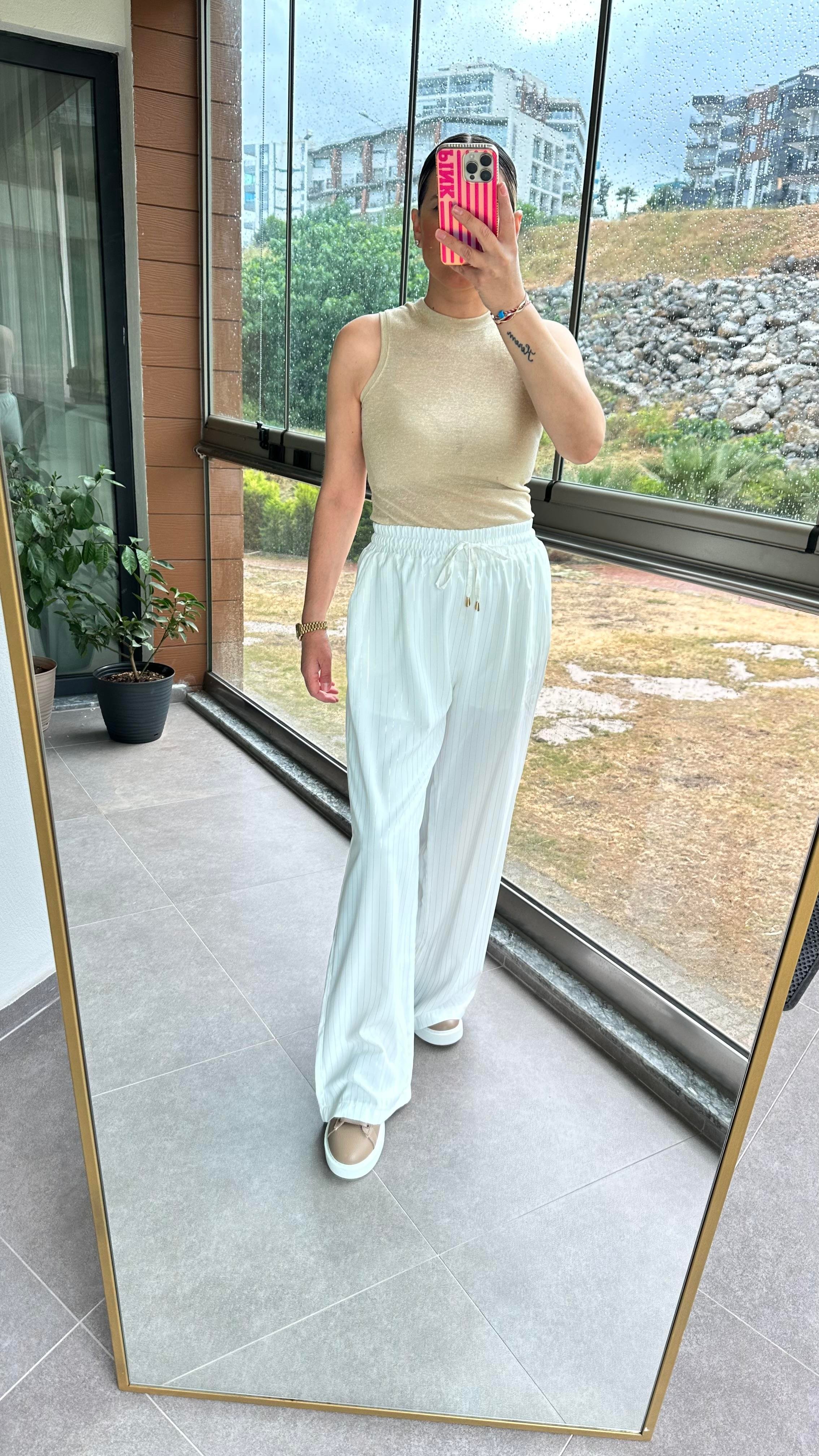 Beyaz Gold Çizgili Pantolon