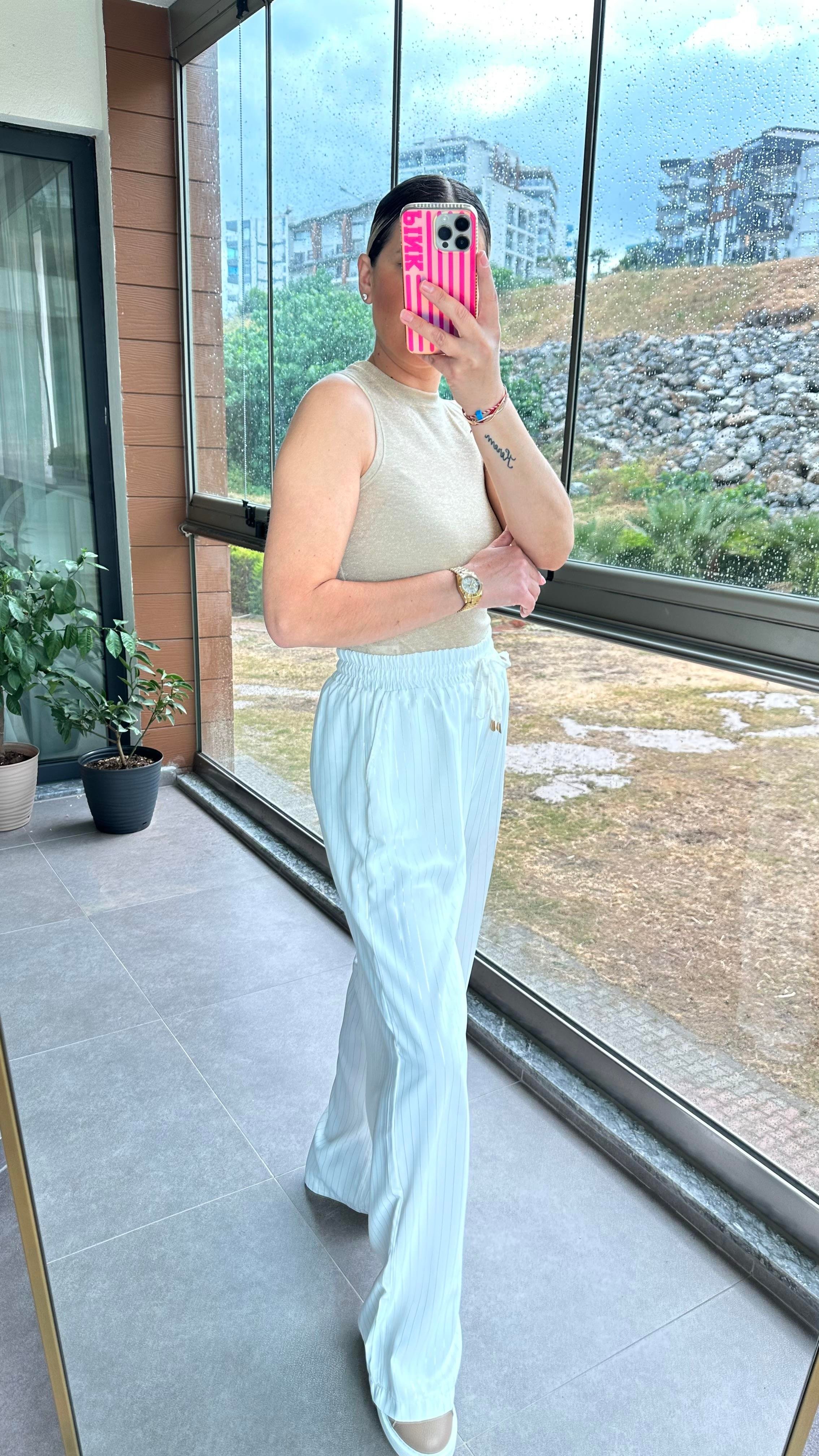 Beyaz Gold Çizgili Pantolon