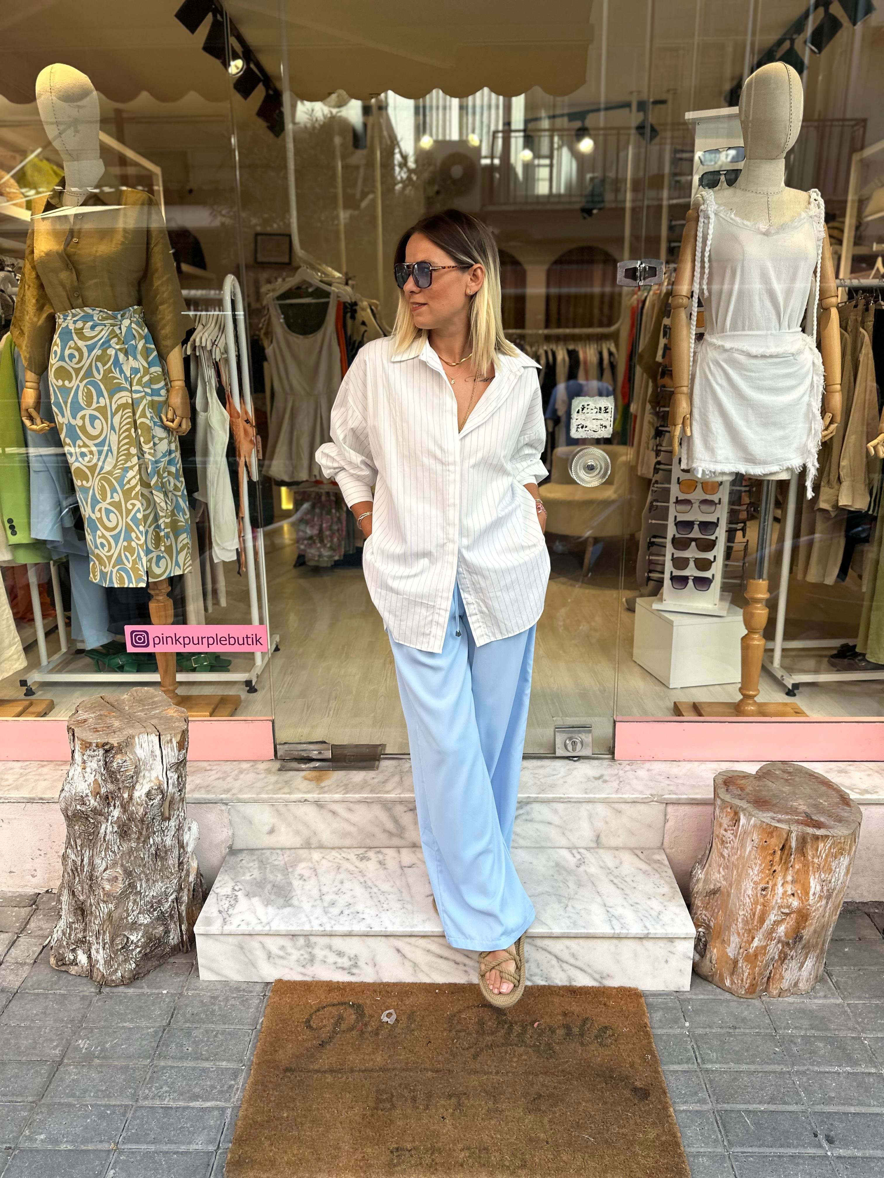 Beyaz Mavi Çizgili Oversize Gömlek