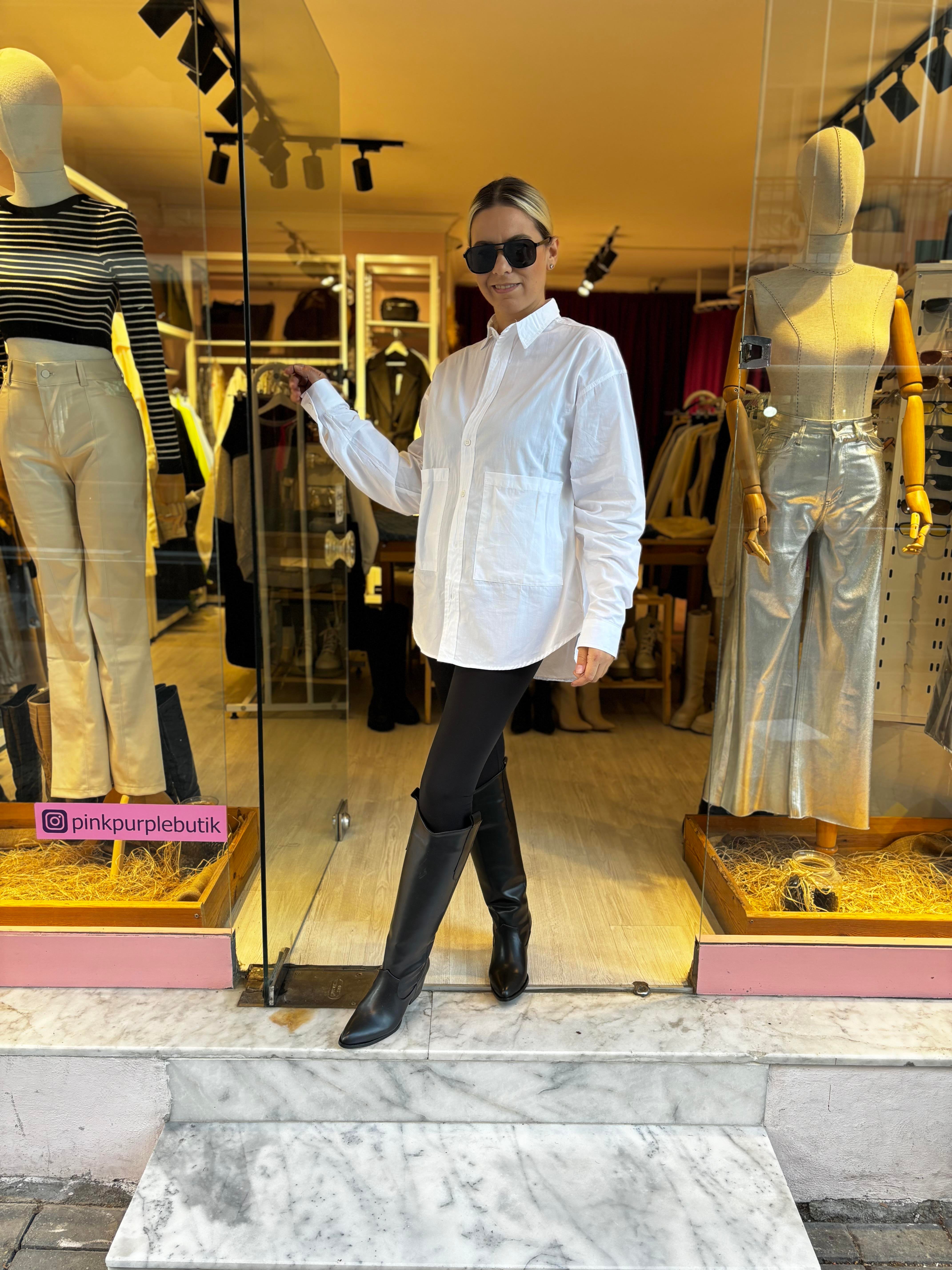 Beyaz Oversize Çift Cepli Gömlek