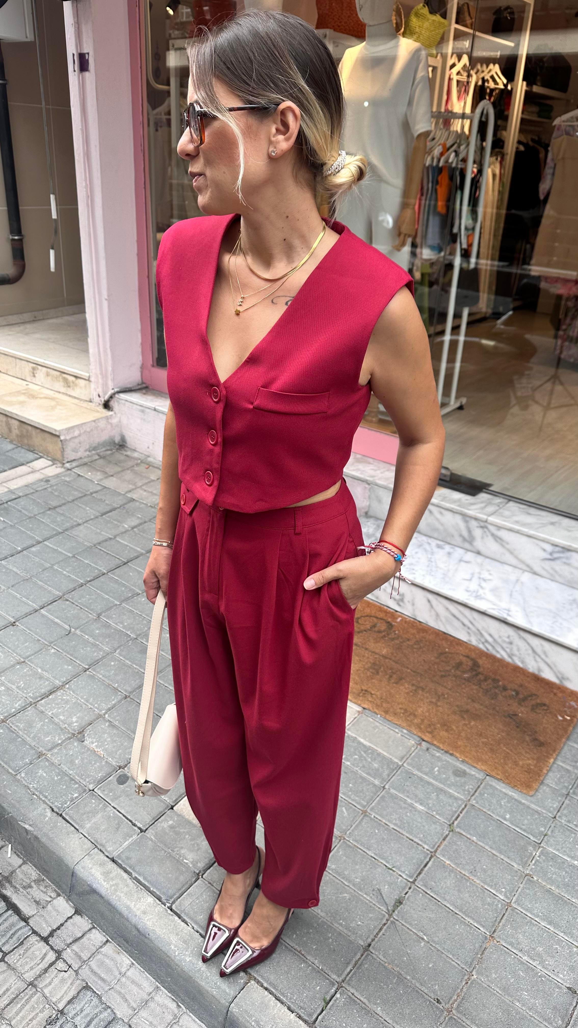 Bordo Crop Yelek Takım