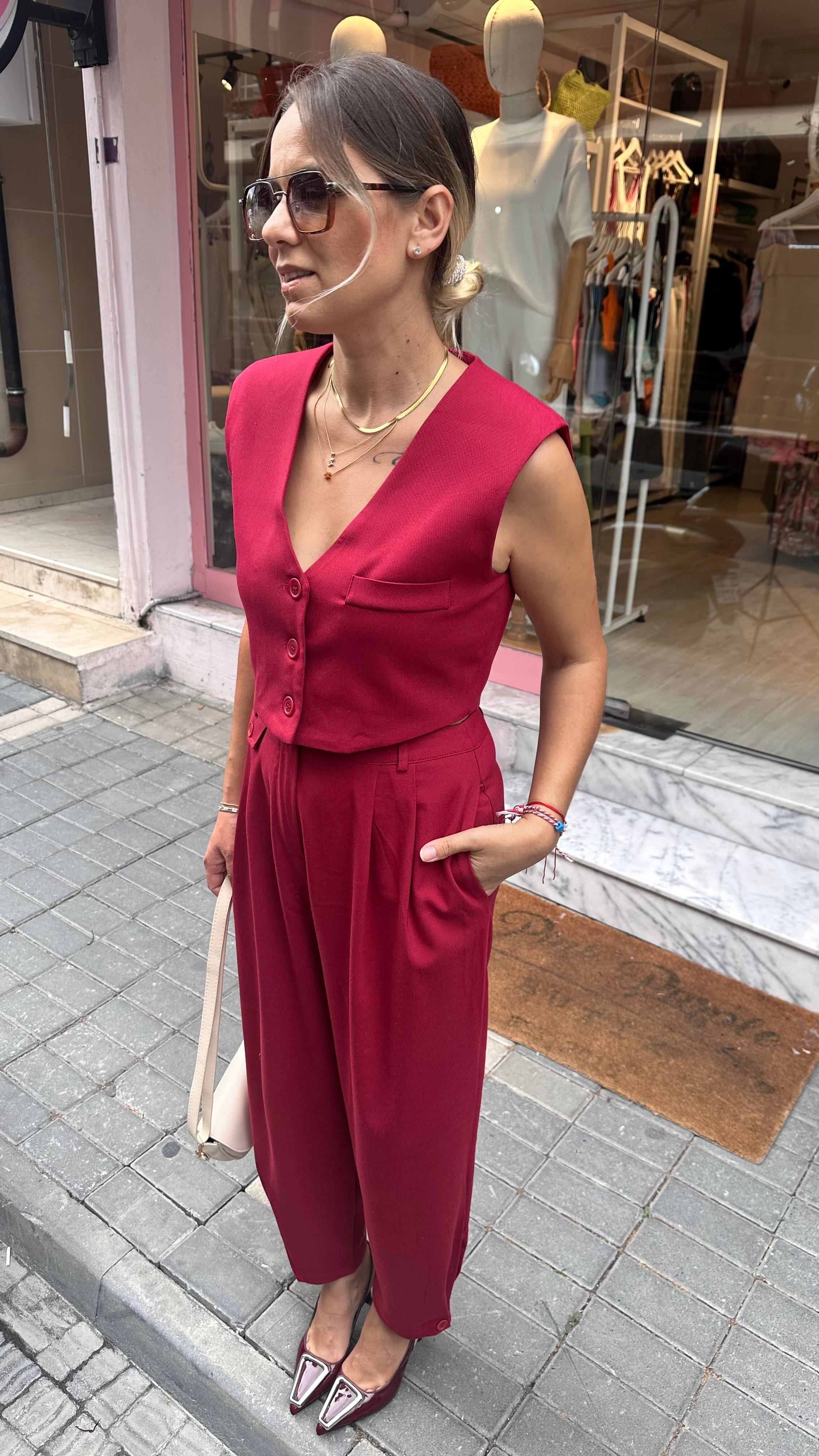 Bordo Crop Yelek Takım