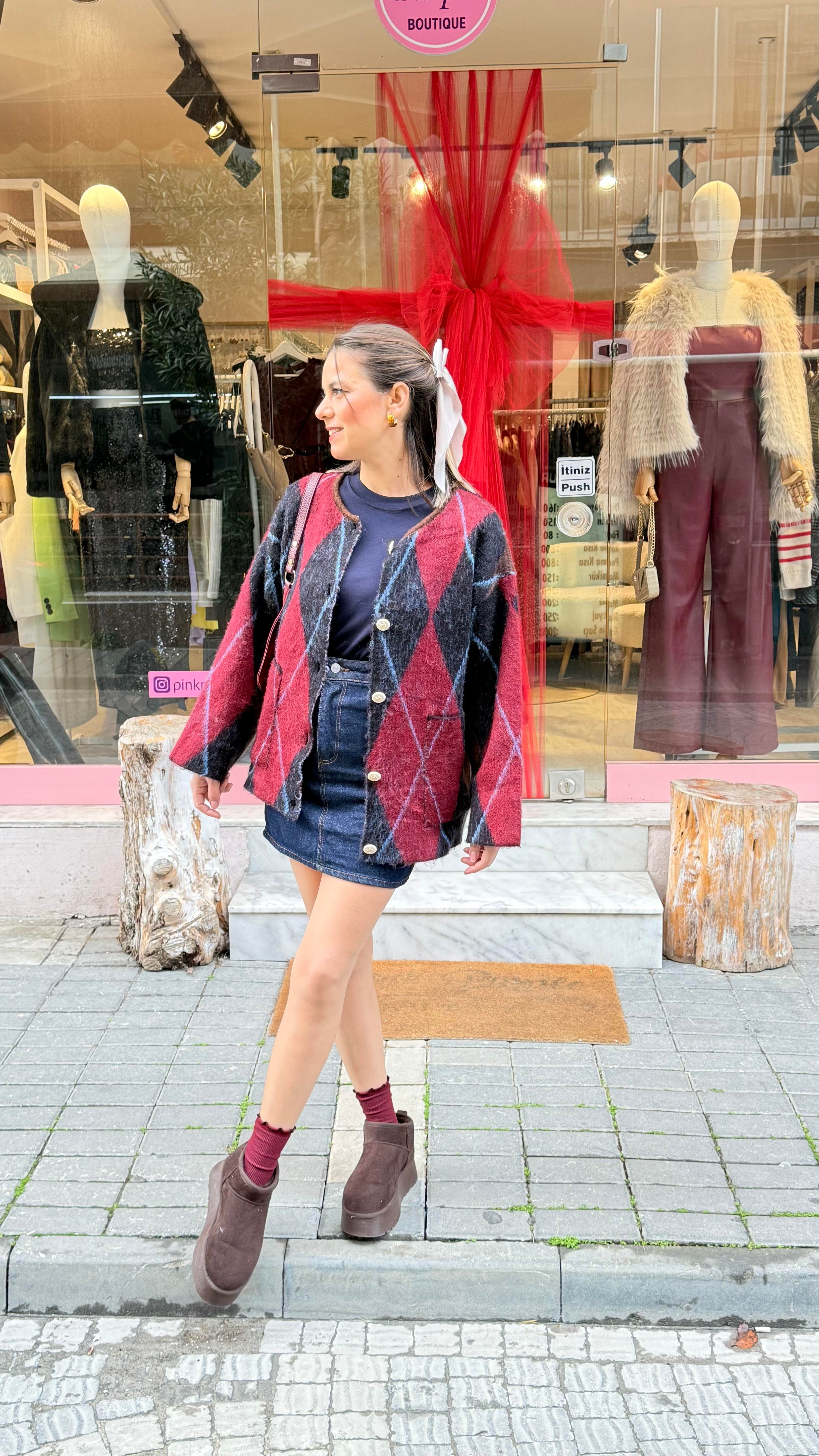 Bordo Kahve Baklava Ceket