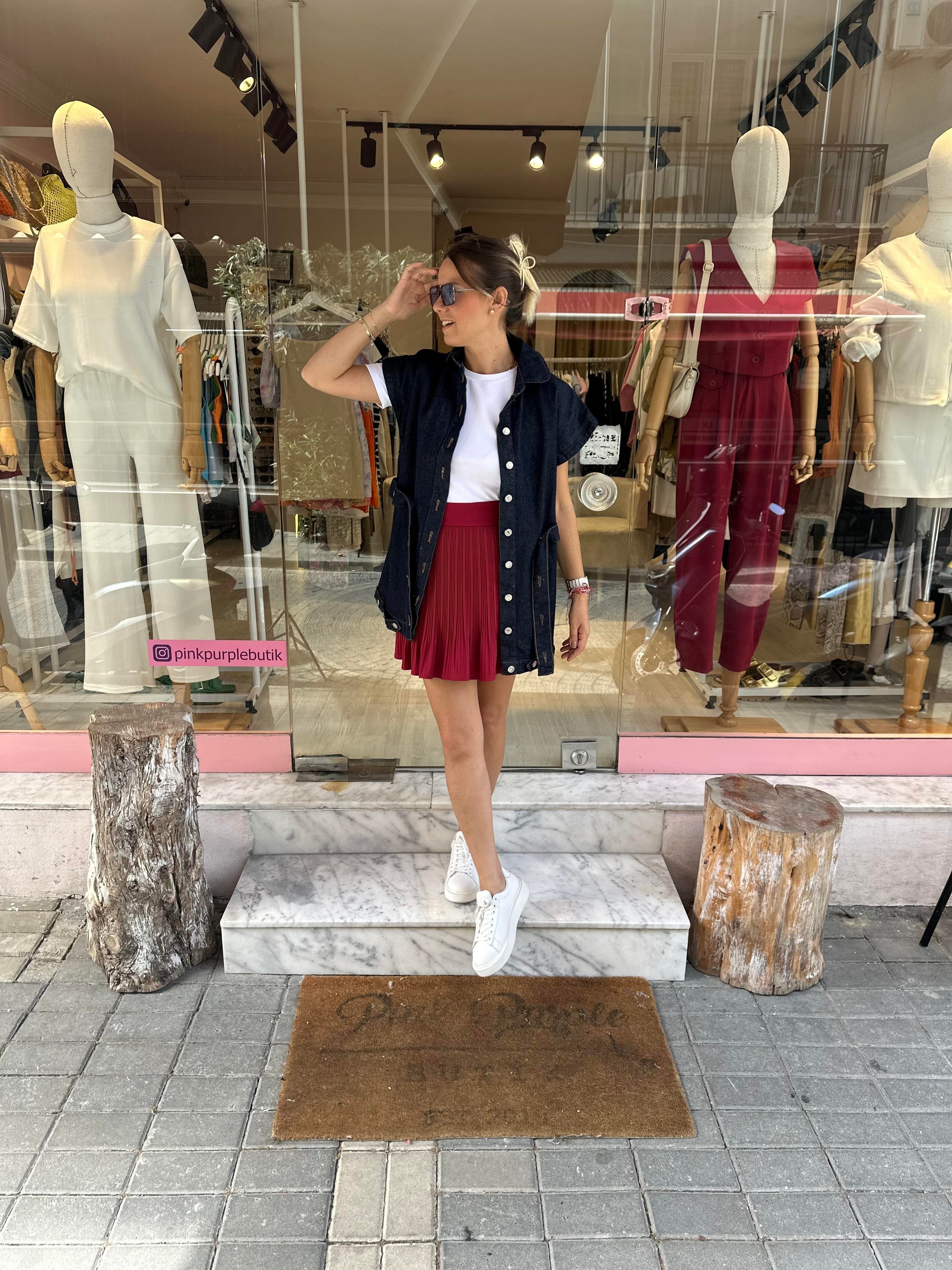 Bordo Pileli Şort Etek