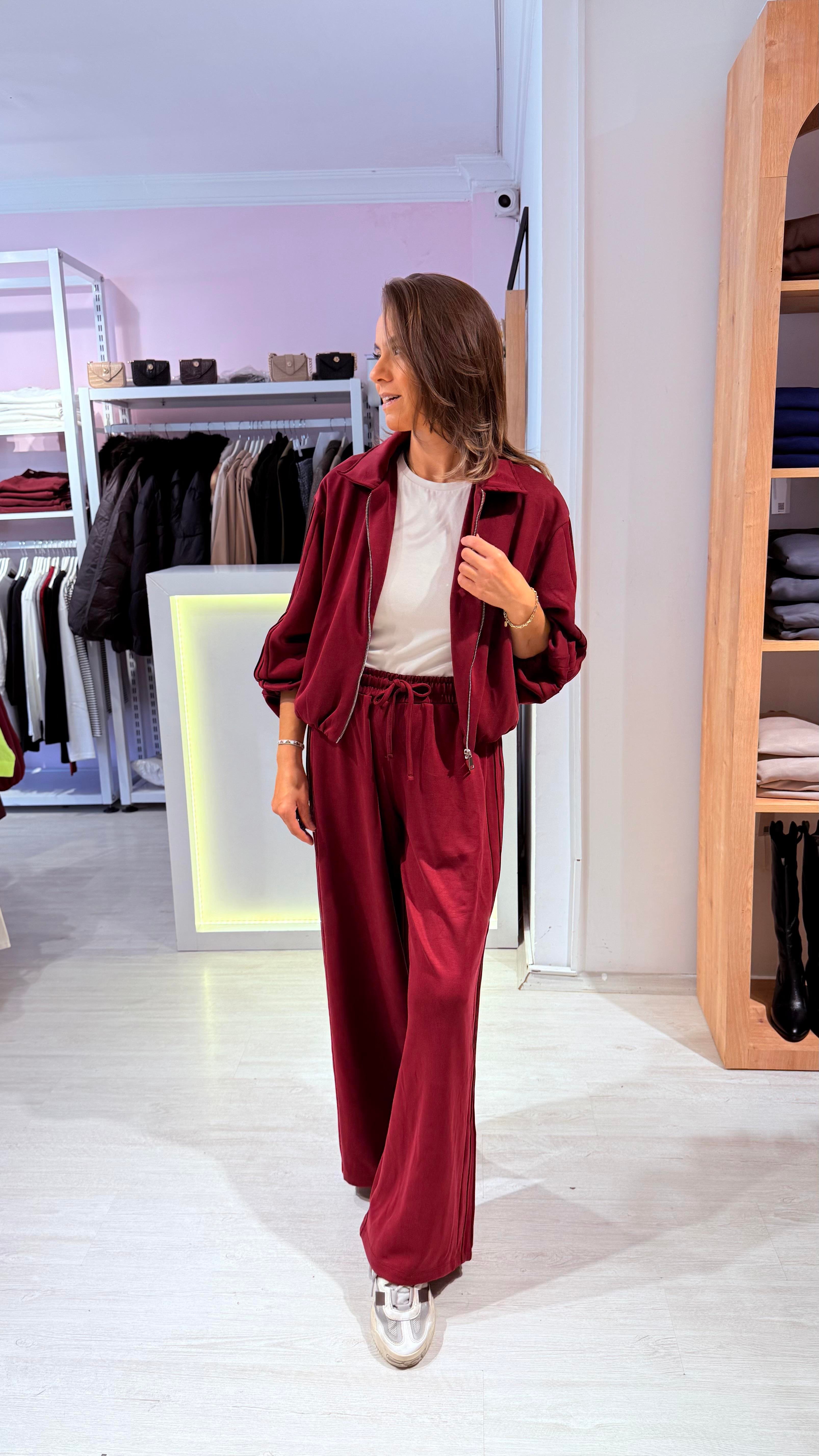 Bordo Şeritli Modal Takım