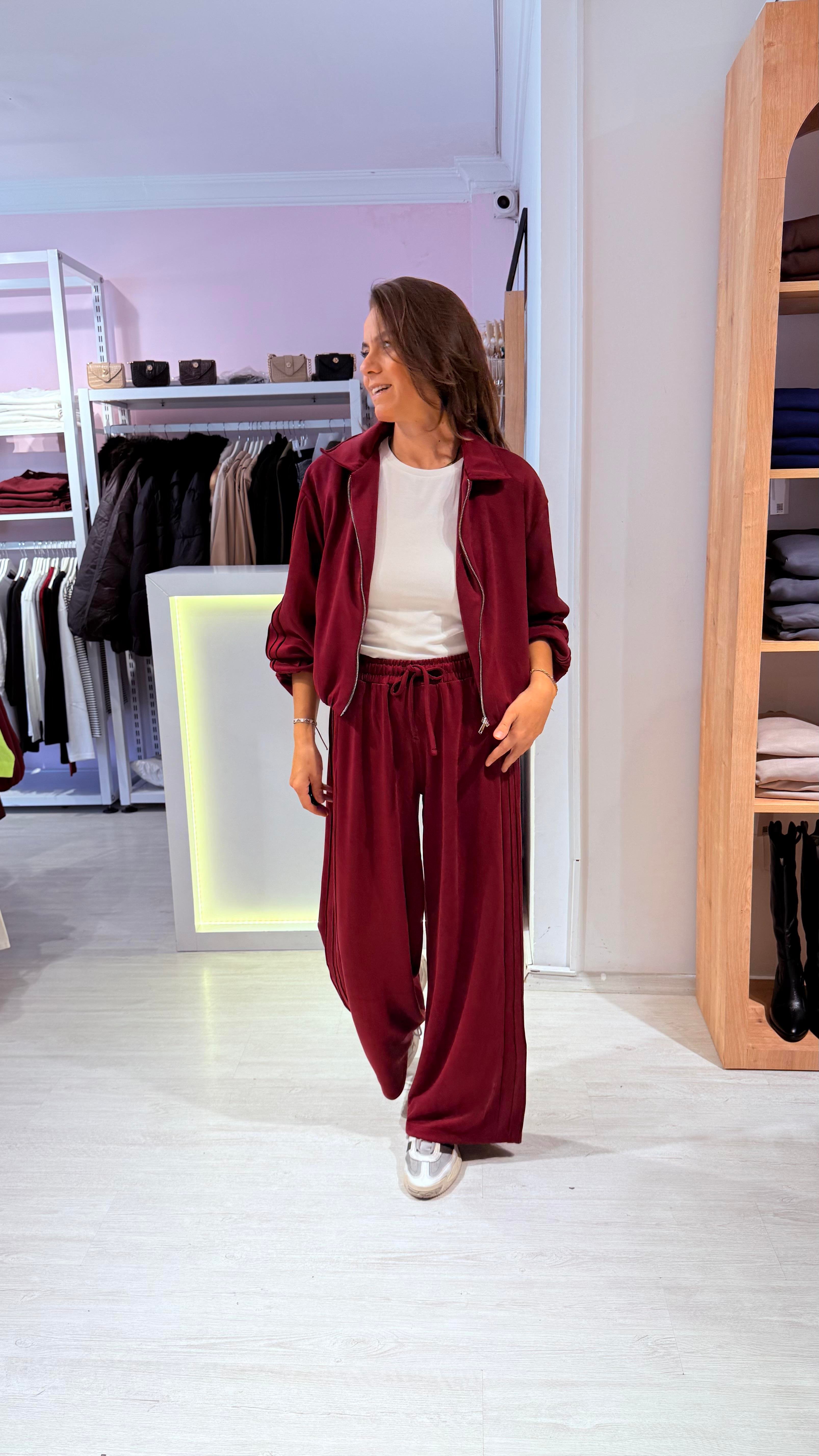 Bordo Şeritli Modal Takım
