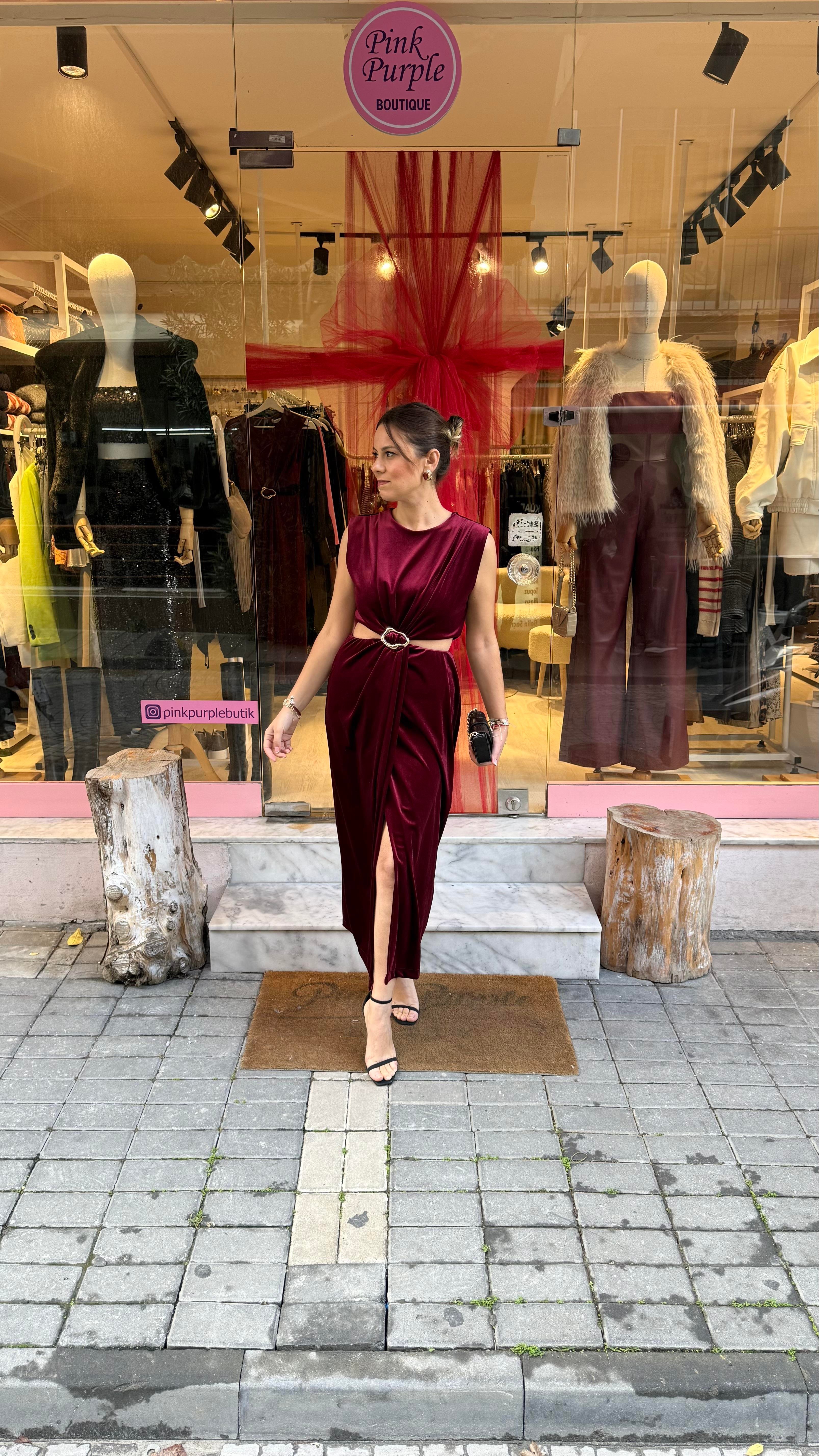 Bordo Tokalı Kadife Elbise