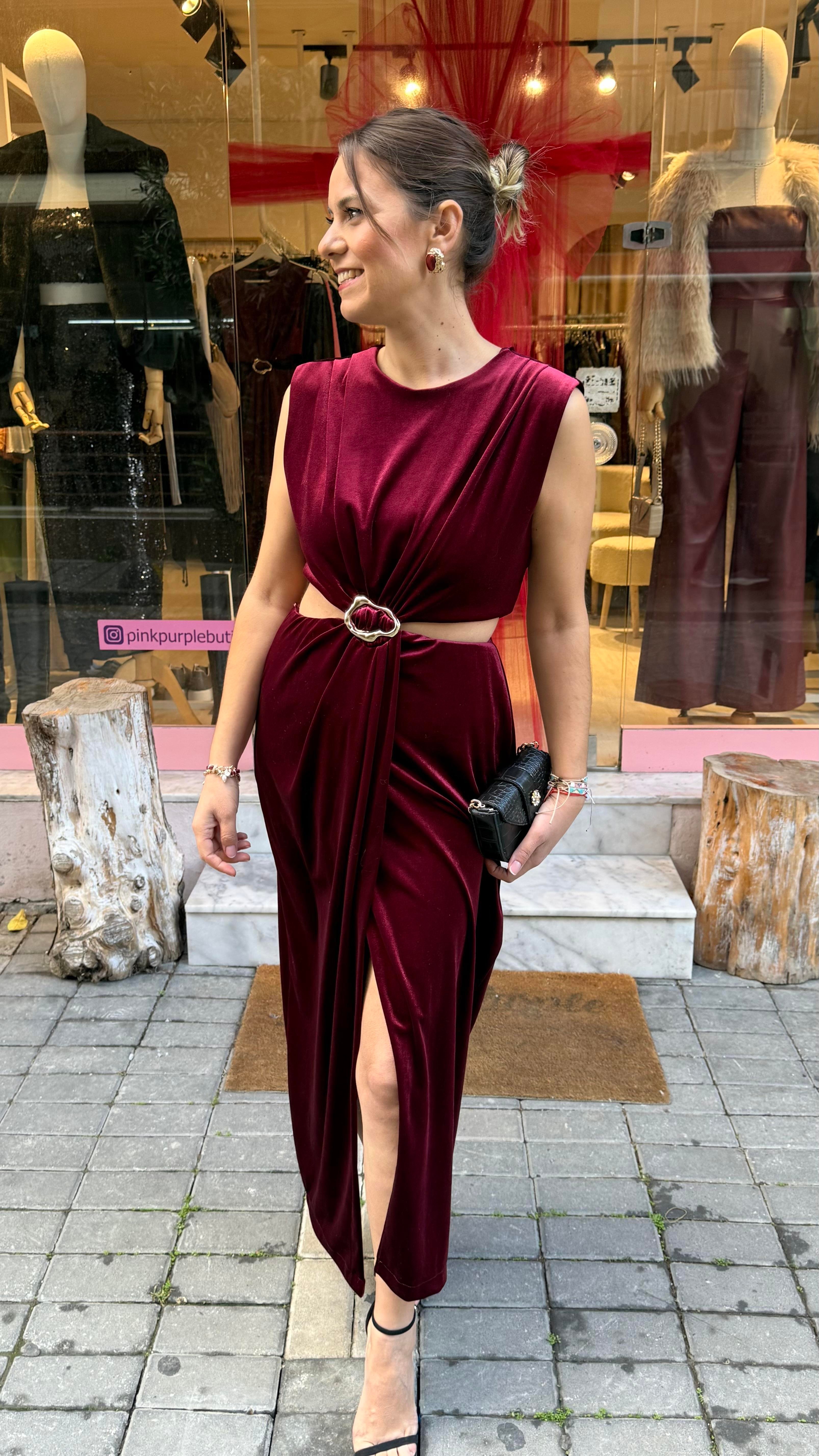 Bordo Tokalı Kadife Elbise