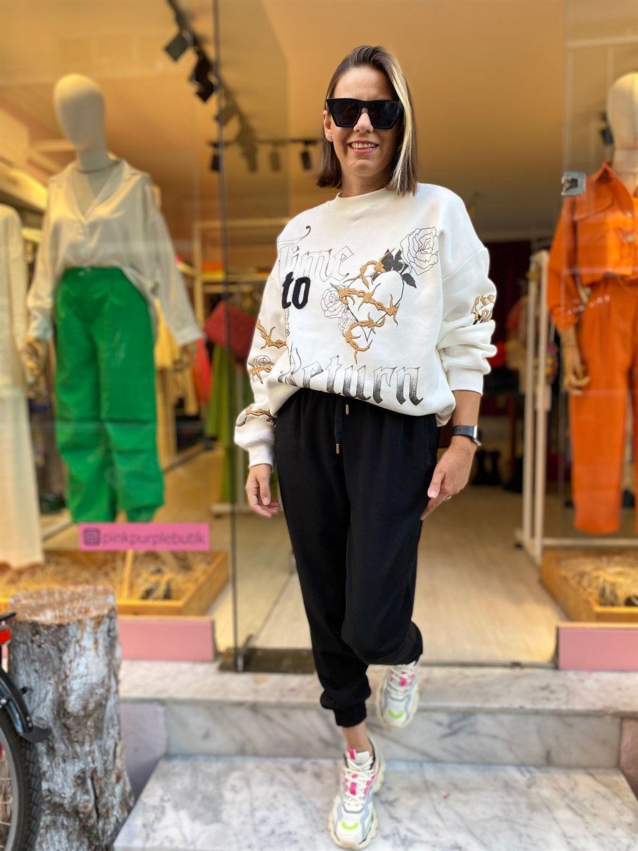 Desenli Ekru Sweatshirt
