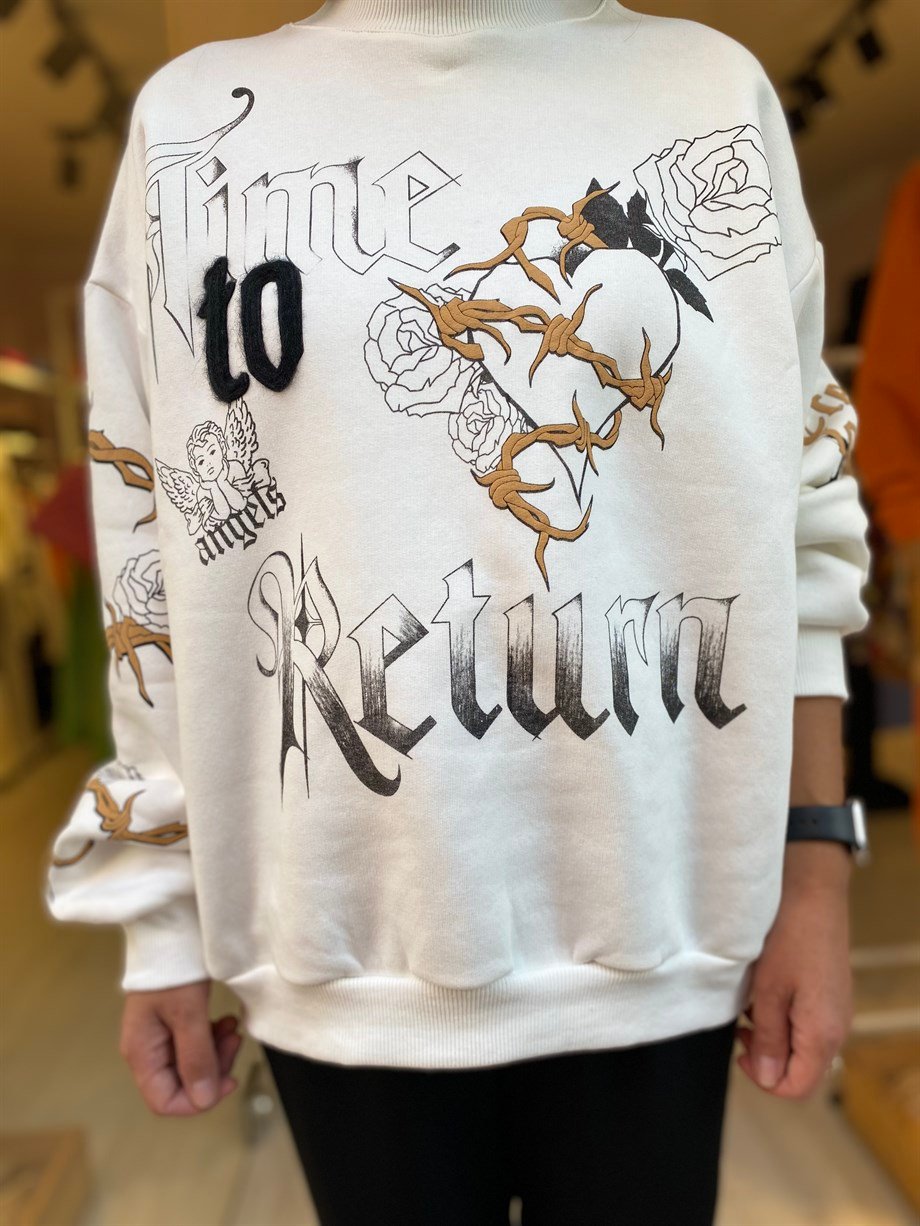 Desenli Ekru Sweatshirt