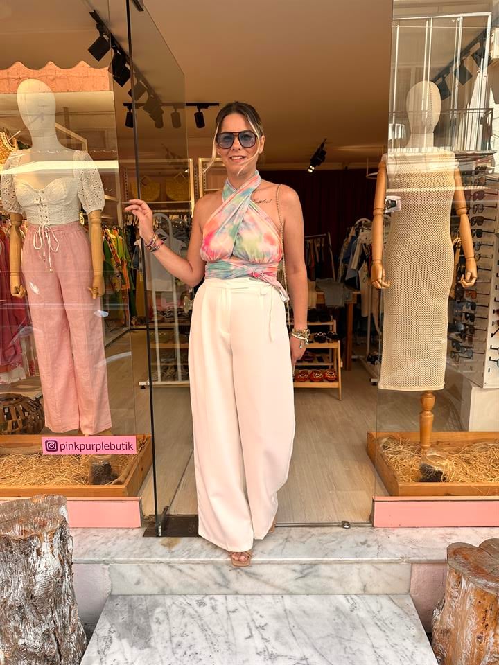 Desenli Tül Çapraz Crop