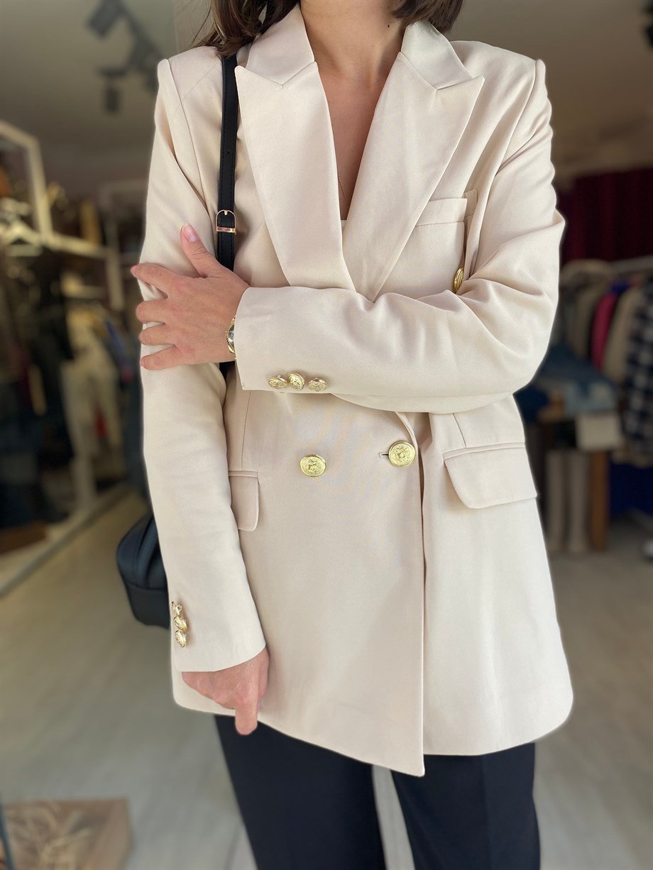 Gold Düğmeli Ekru Blazer