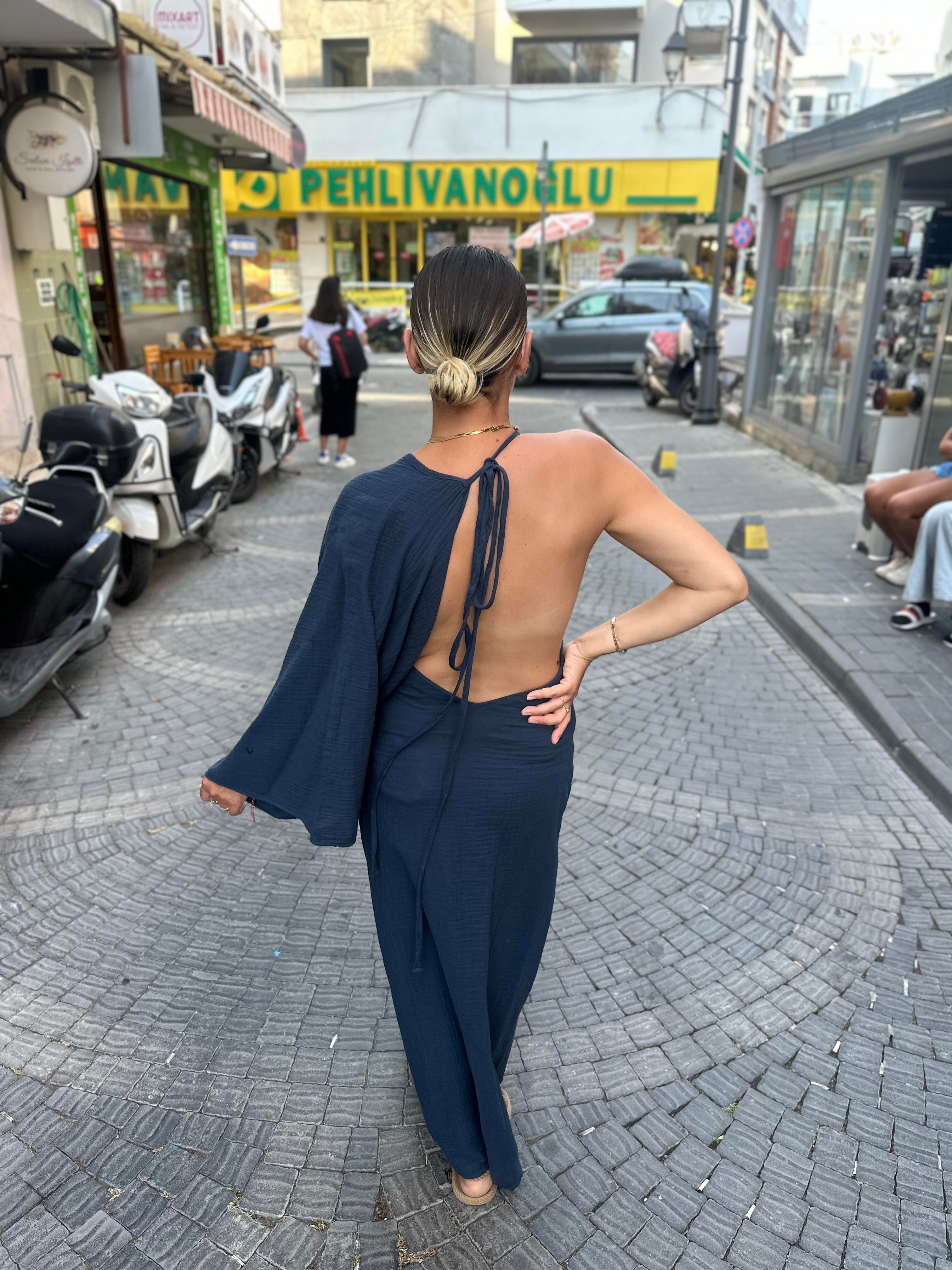 İndigo Mavi Tek Omuz Elbise