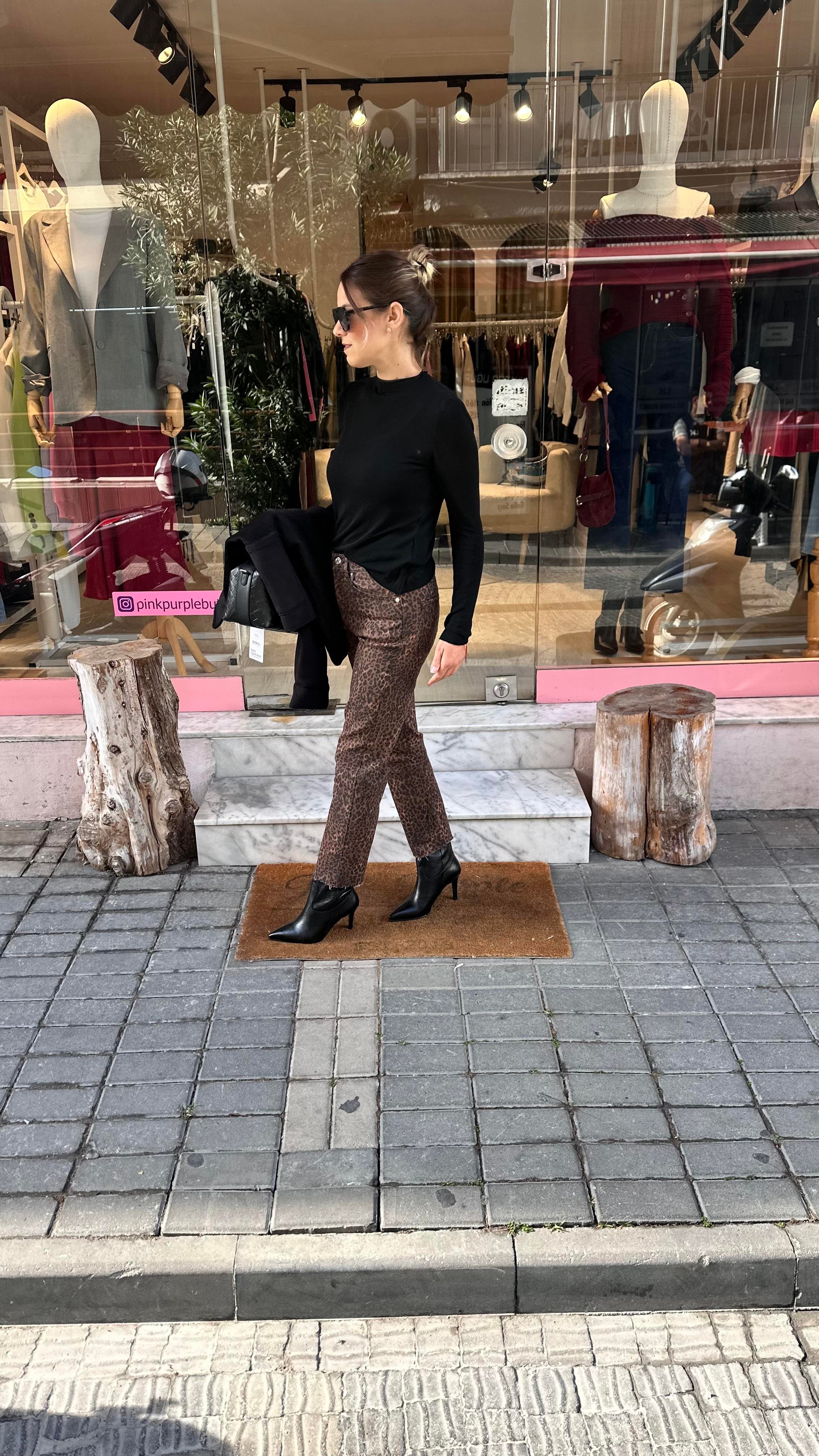 Kahve Leopar Boyfit Jean