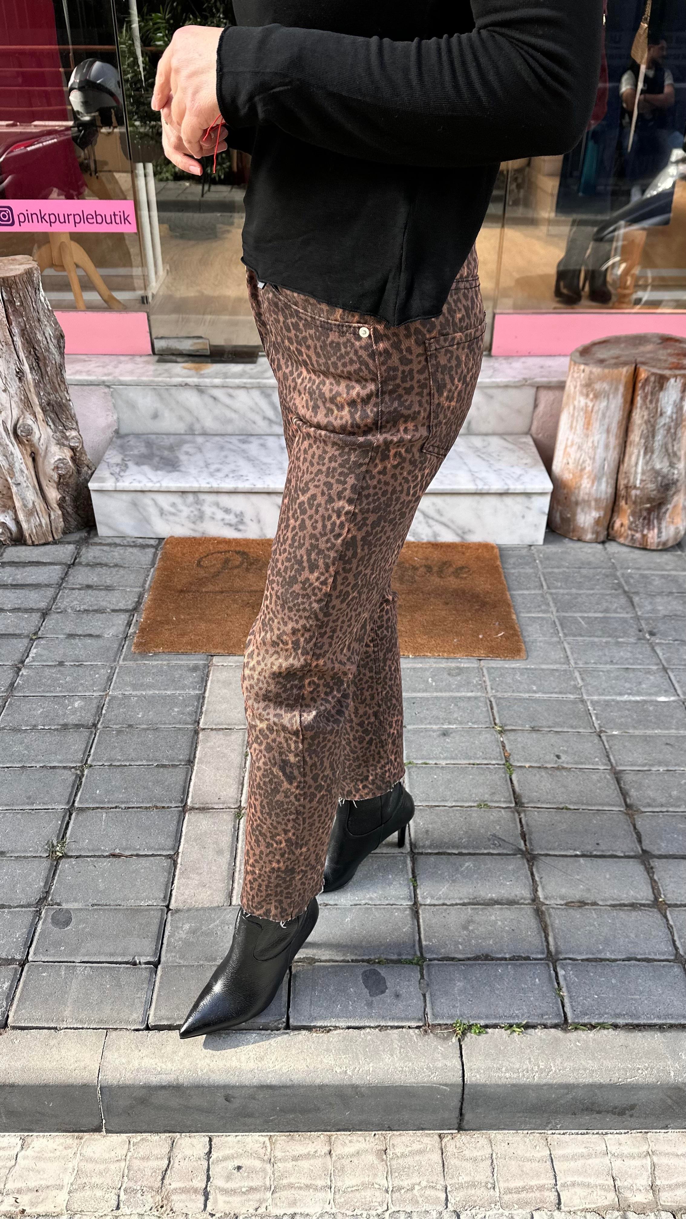 Kahve Leopar Boyfit Jean