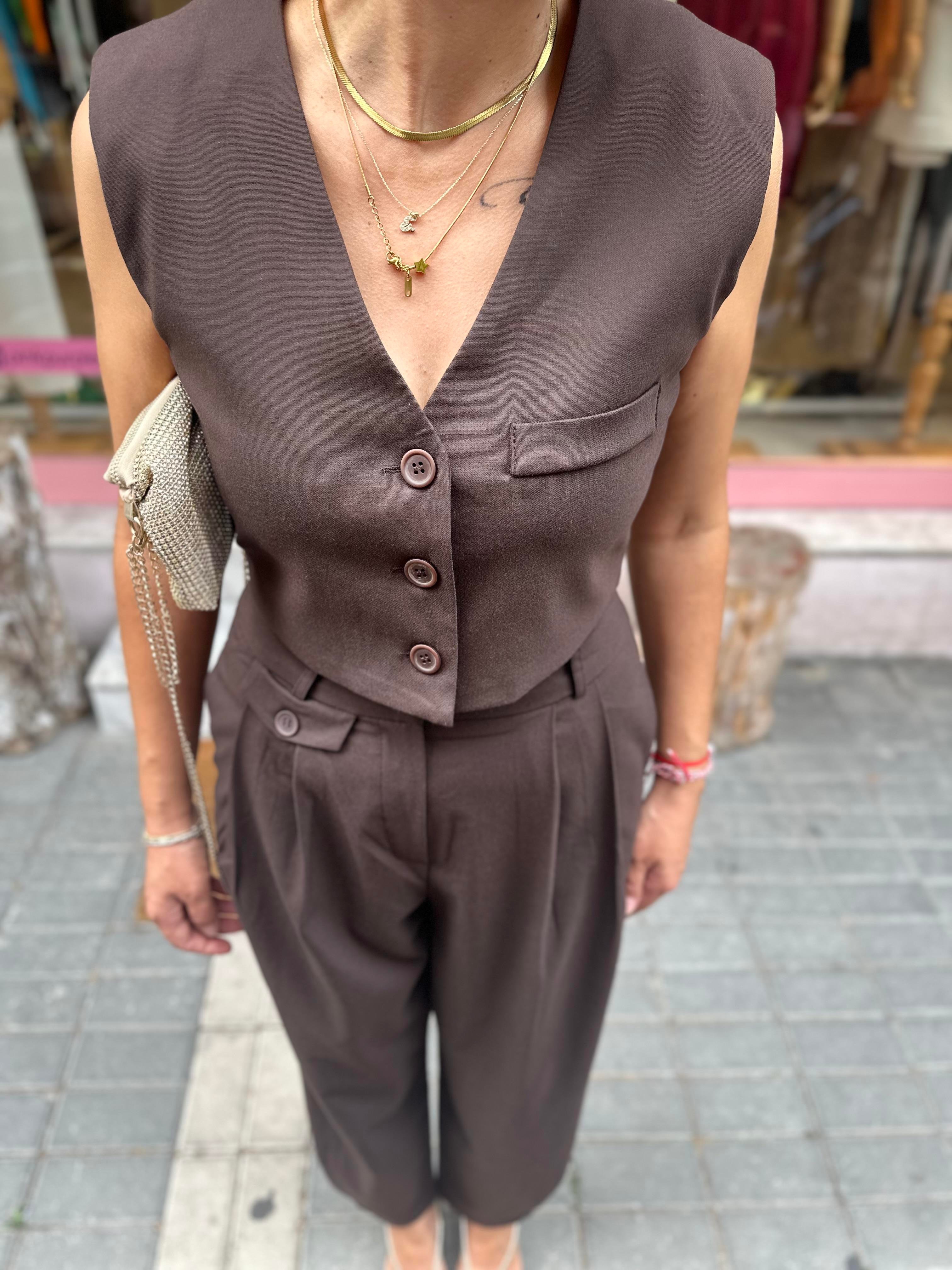 Kahverengi Crop Yelek Takım