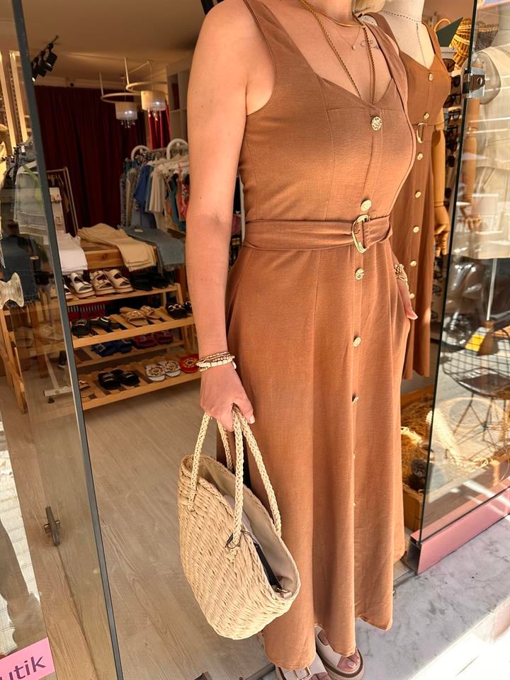 Kahverengi Gold Düğmeli Midi Elbise