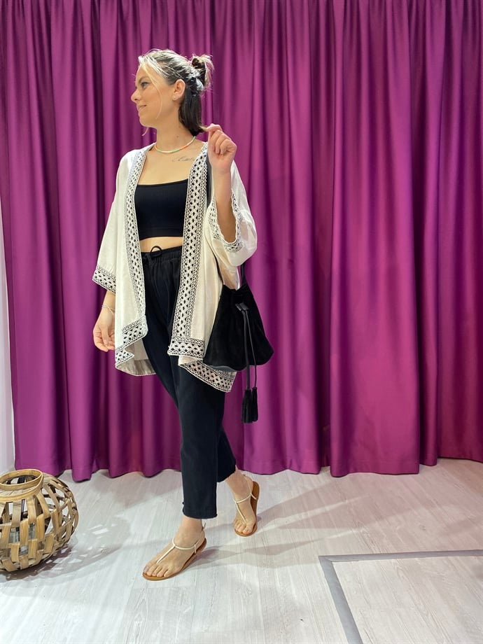 Keten Şerit Detaylı Kimono
