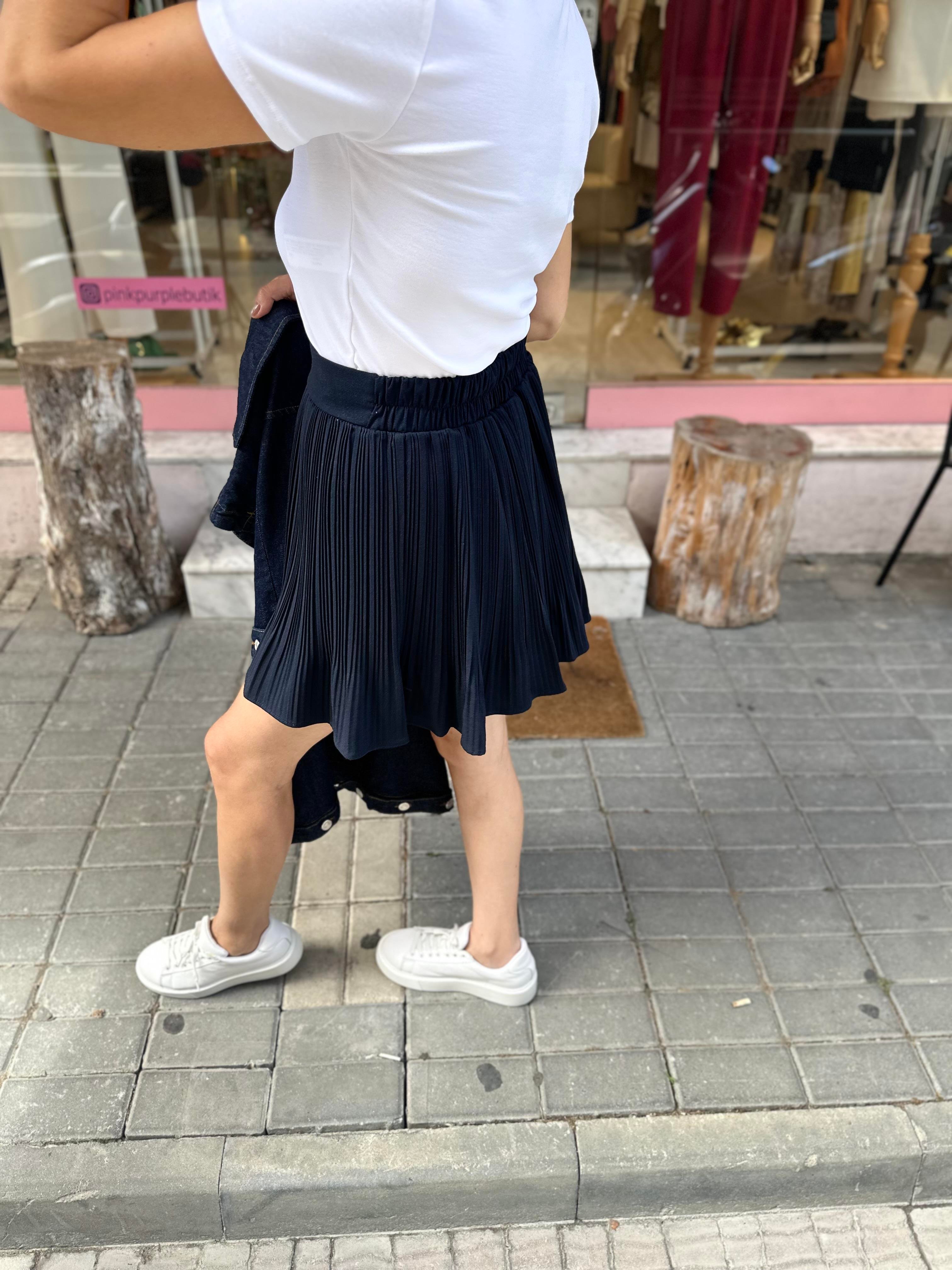 Lacivert Pileli Şort Etek
