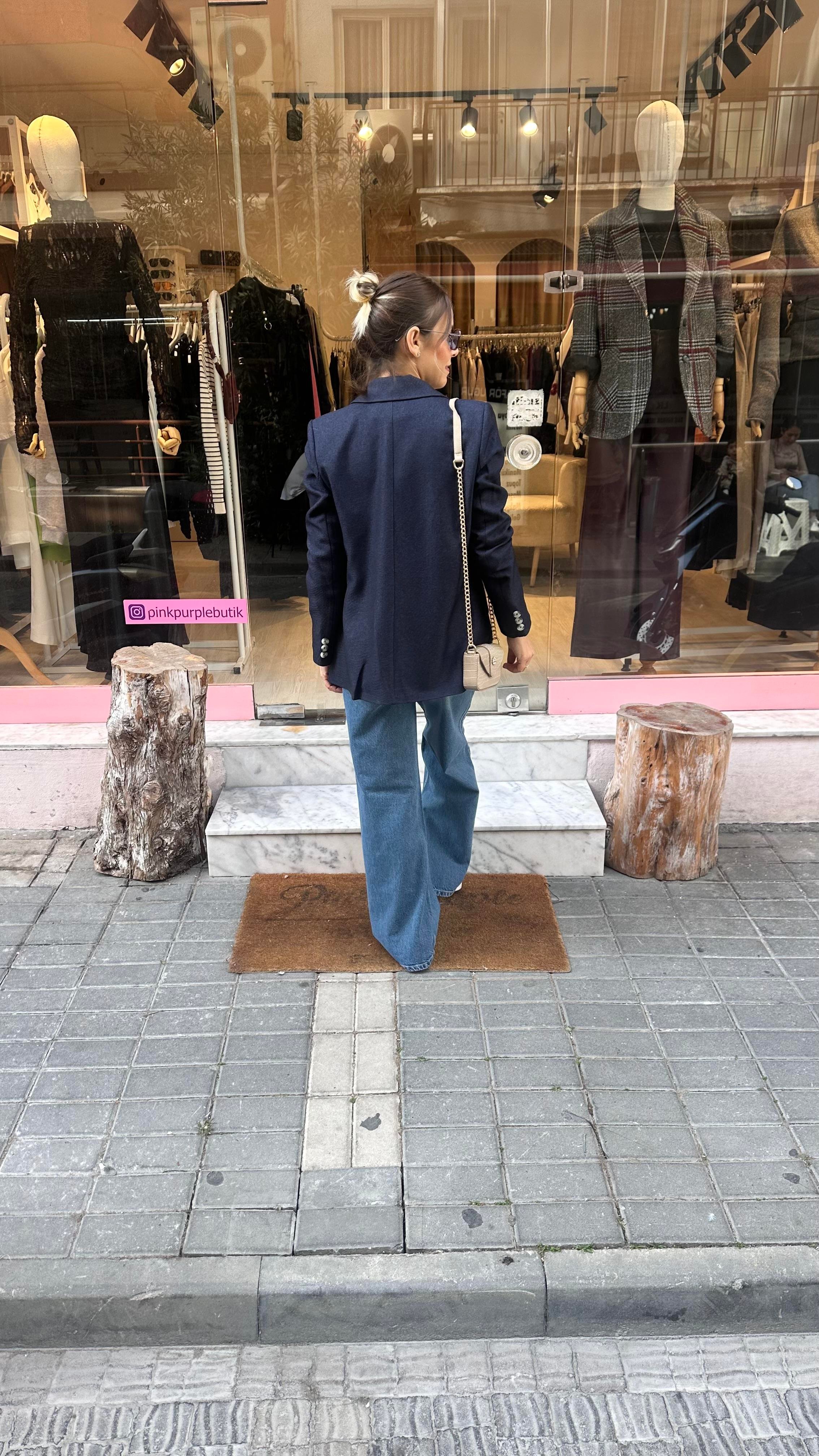 Lacivert Yün Efekt Blazer