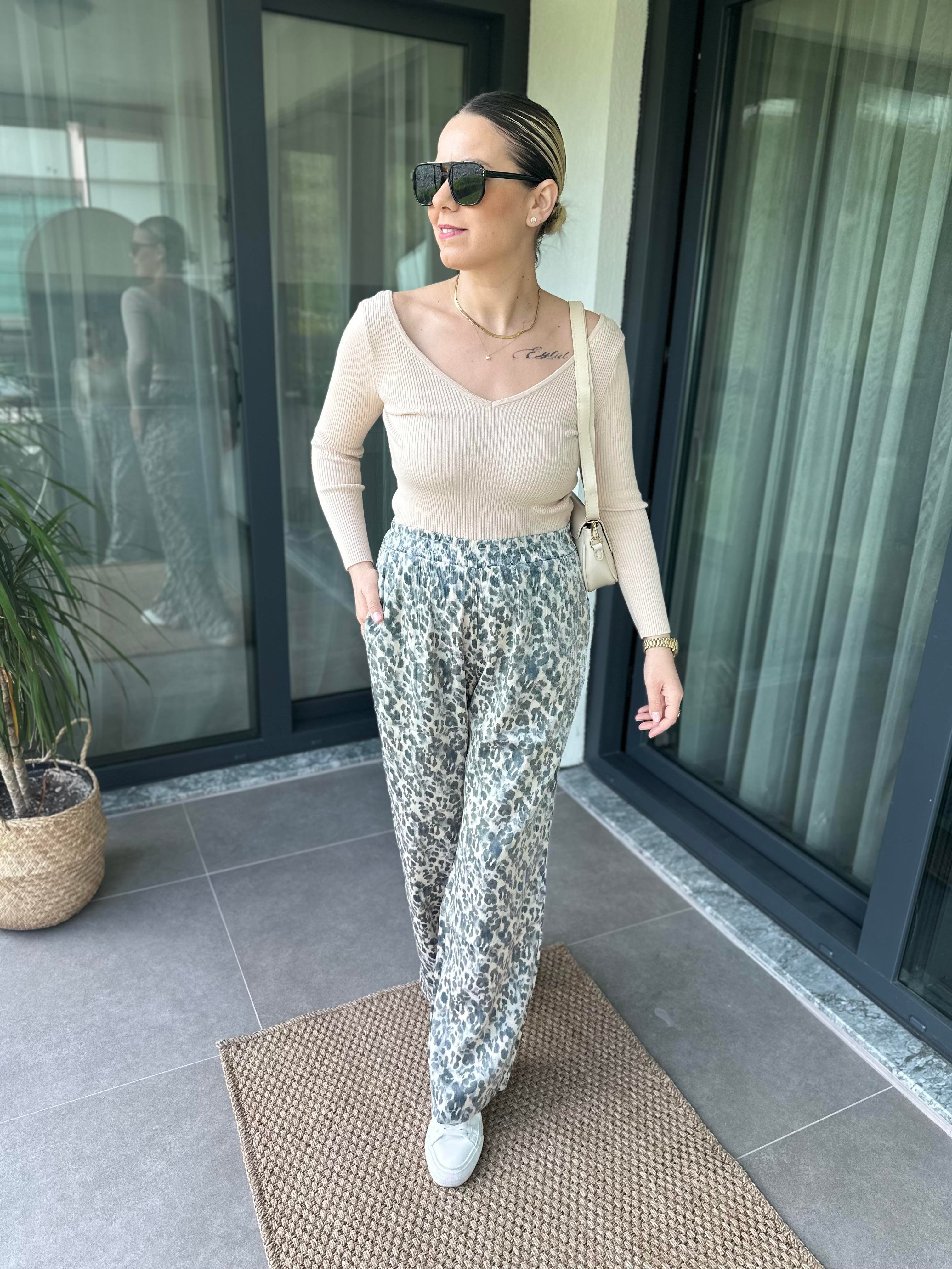 Leopar Desen Saten Pantolon