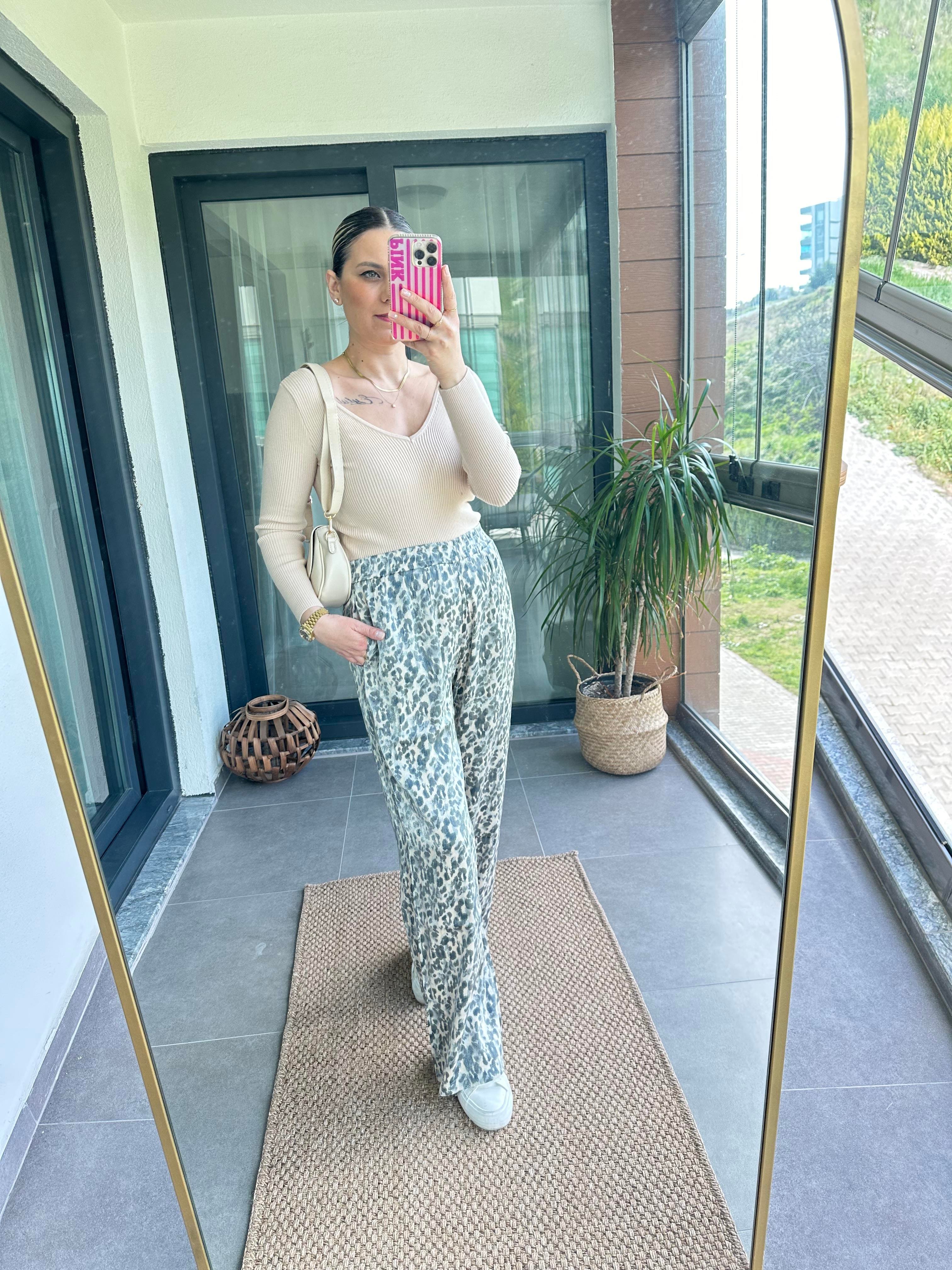 Leopar Desen Saten Pantolon