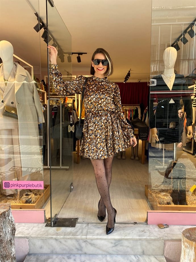 Leopar Desen Tek Kol Elbise