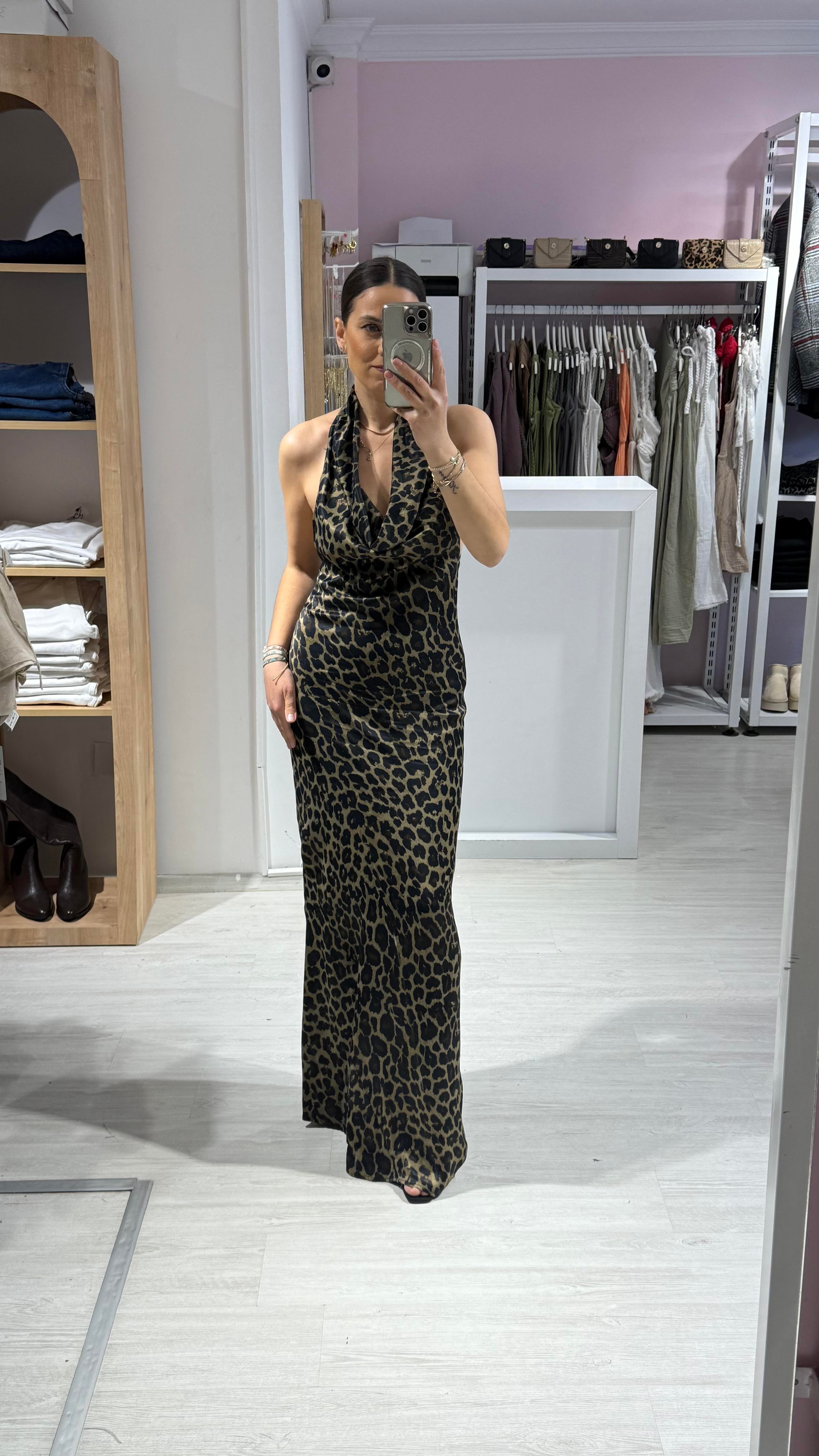 Leopar Saten Elbise