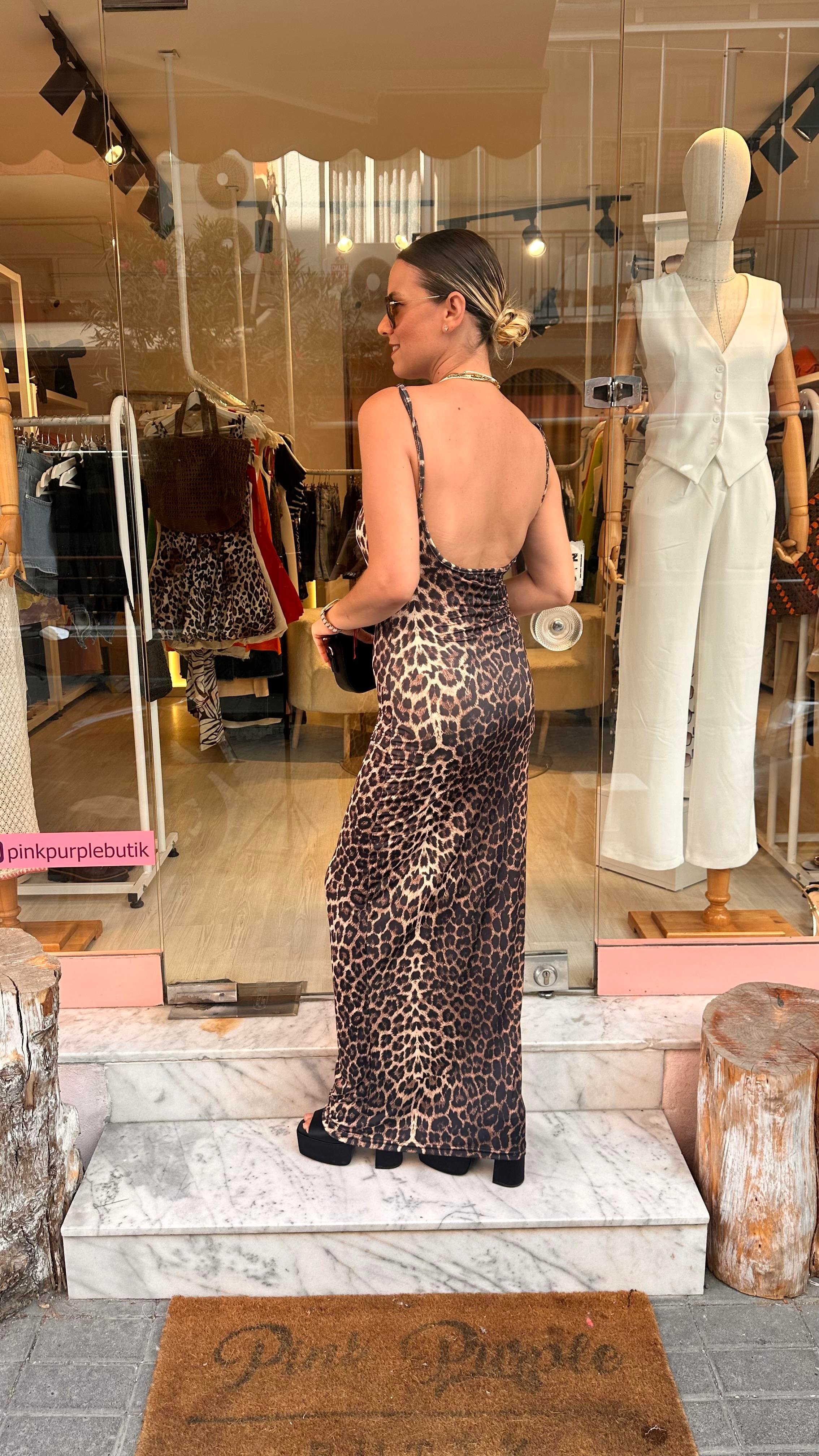 Leopar Sırt Detay Elbise