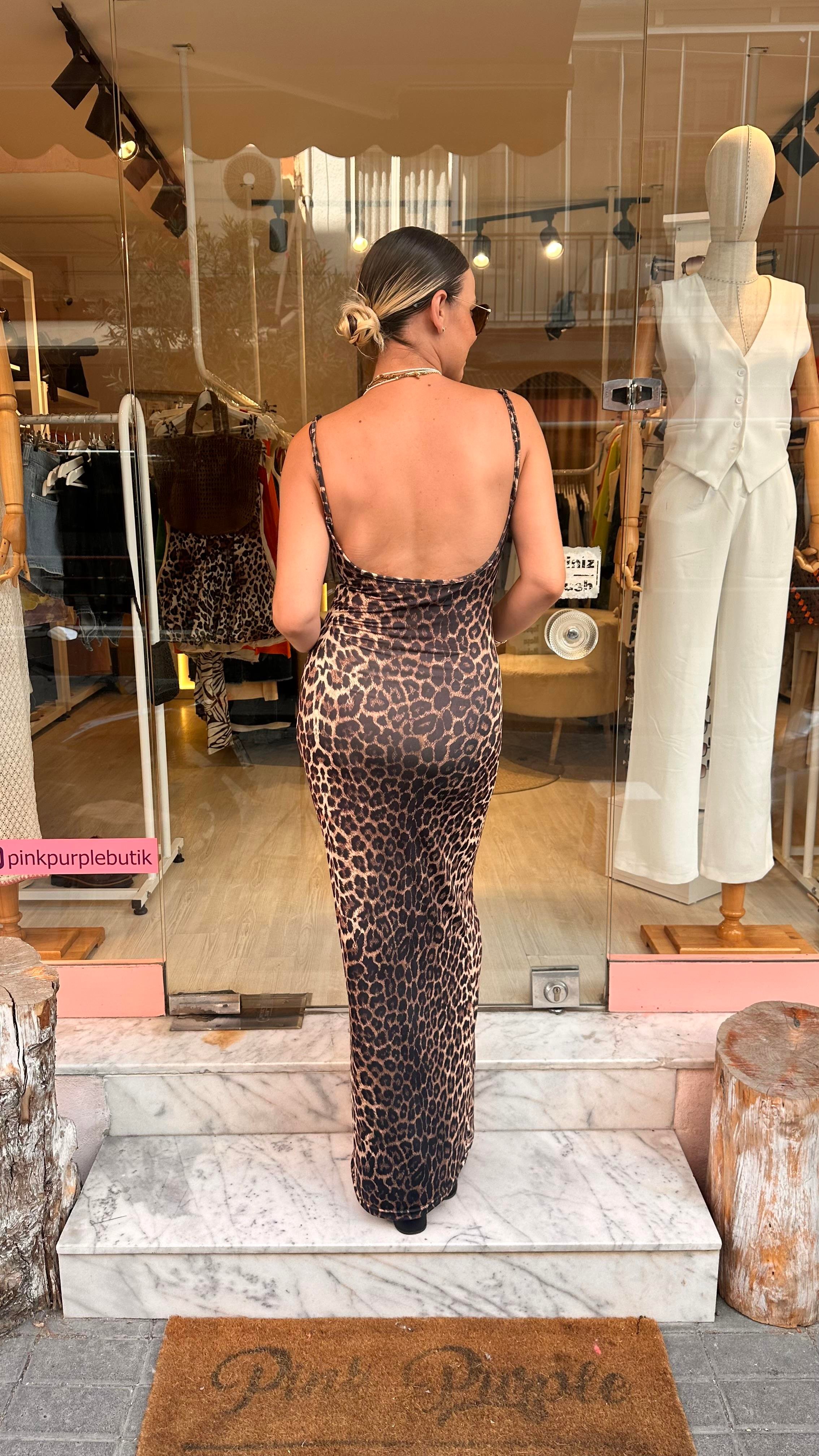 Leopar Sırt Detay Elbise