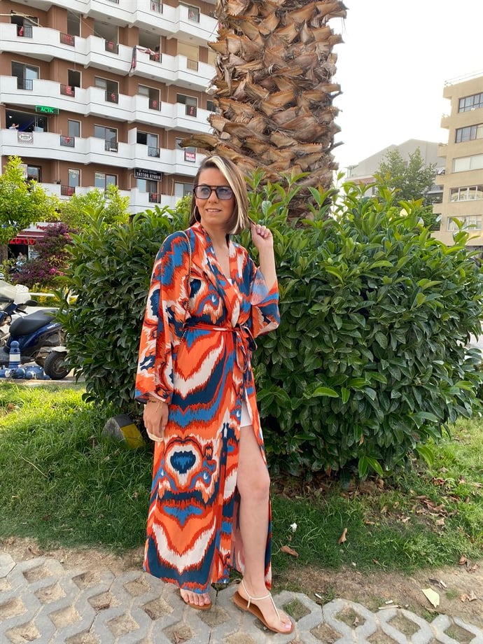 Mavi Desenli Kuşaklı Kimono