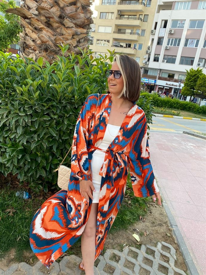 Mavi Desenli Kuşaklı Kimono