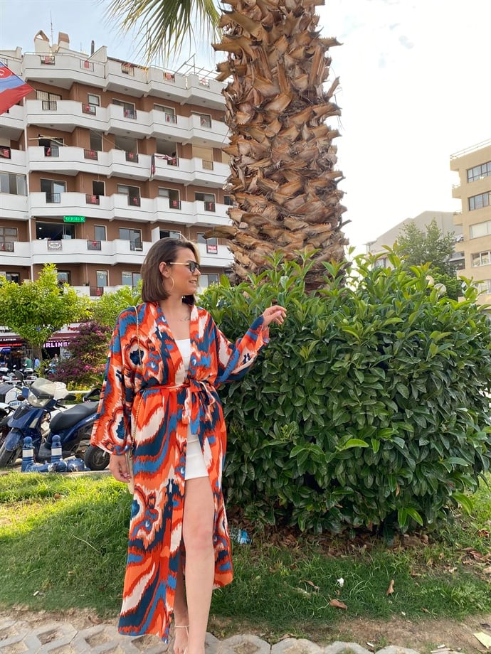 Mavi Desenli Kuşaklı Kimono