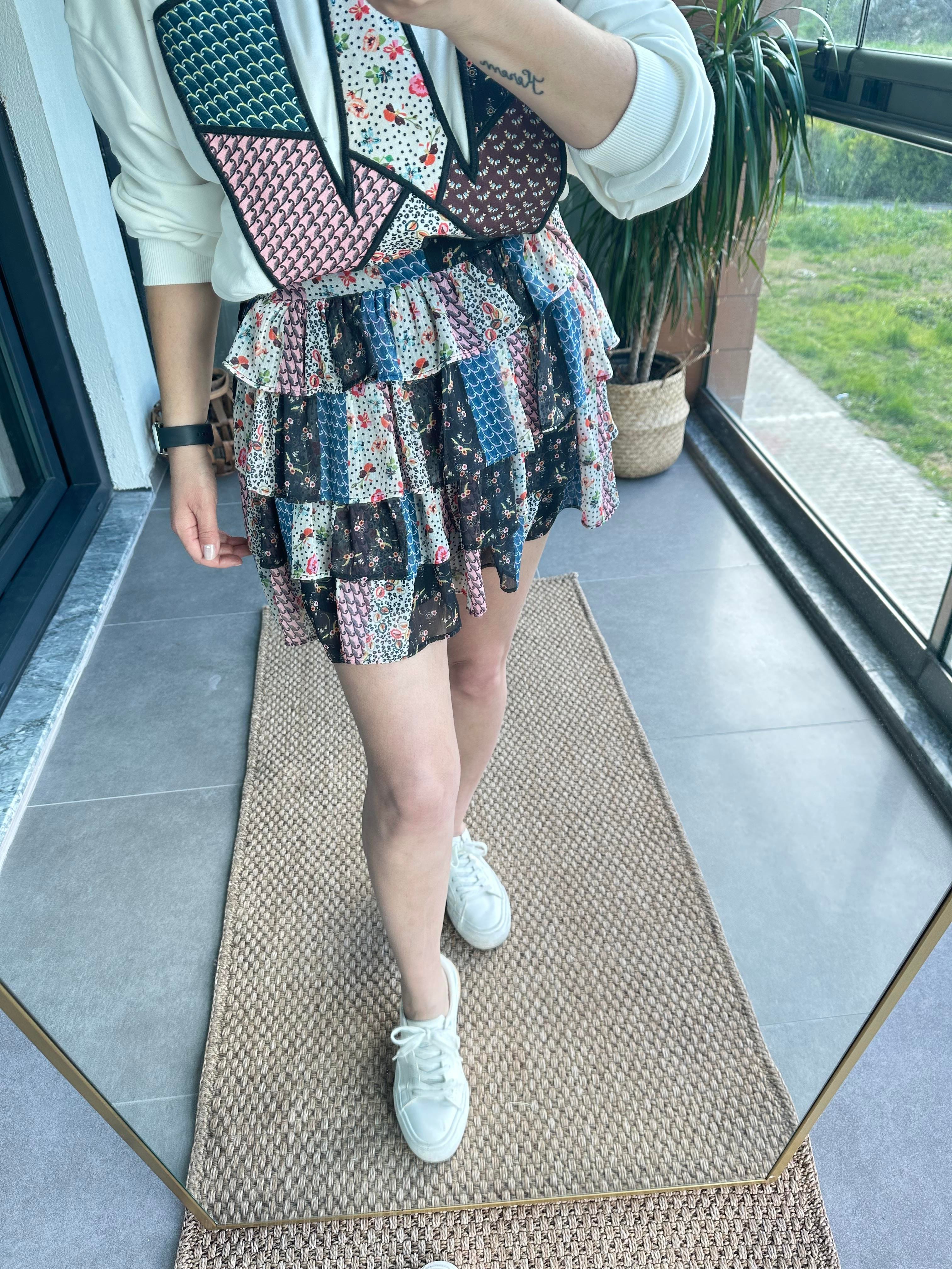 Patchwork Şifon Şort Etek