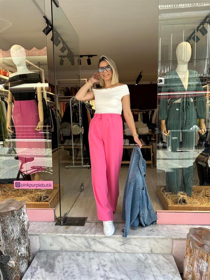 Pembe Beli Lastikli Palazzo Pantolon