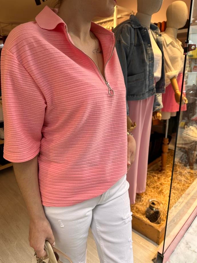 Pembe Fermuarlı Tshirt