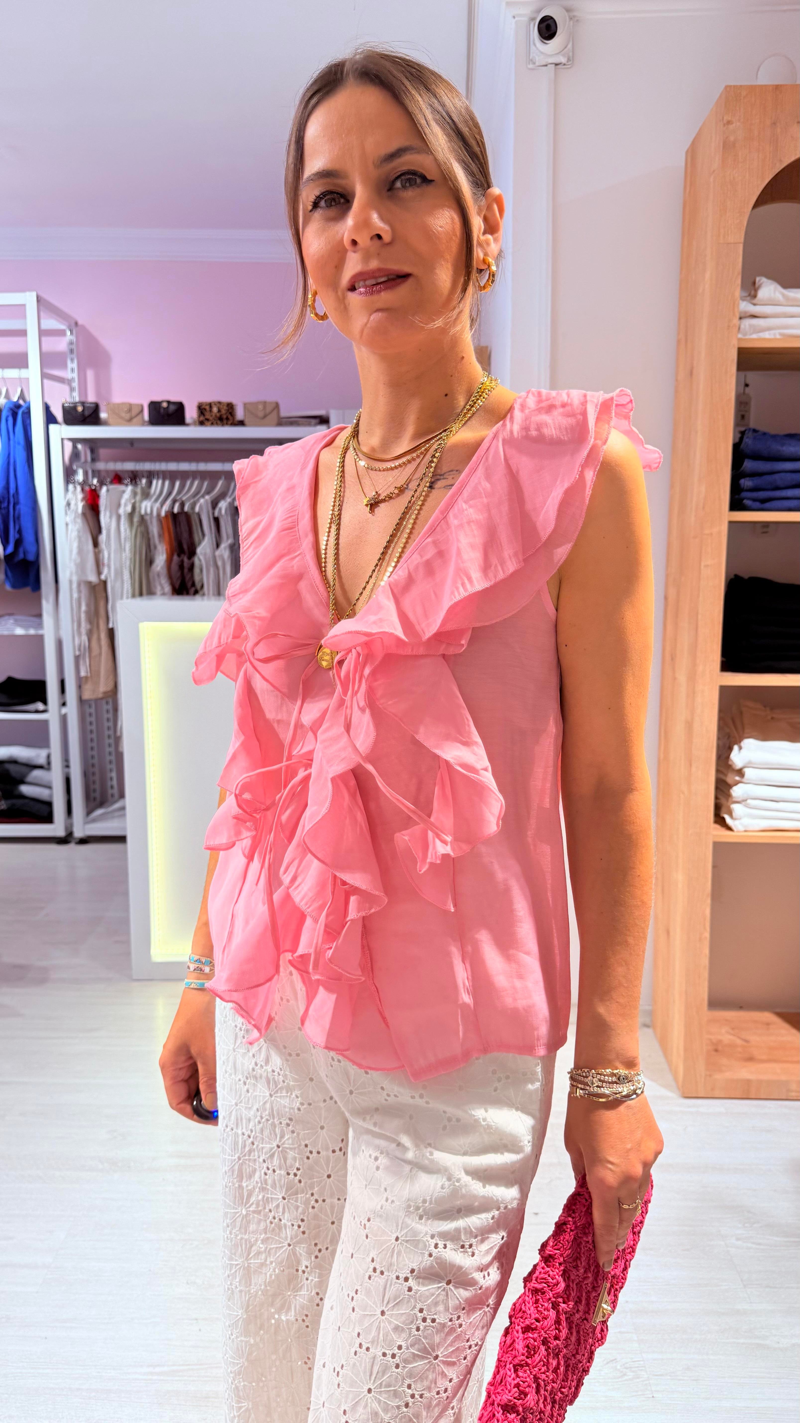 Pembe Fırfır Bağlamalı Bluz