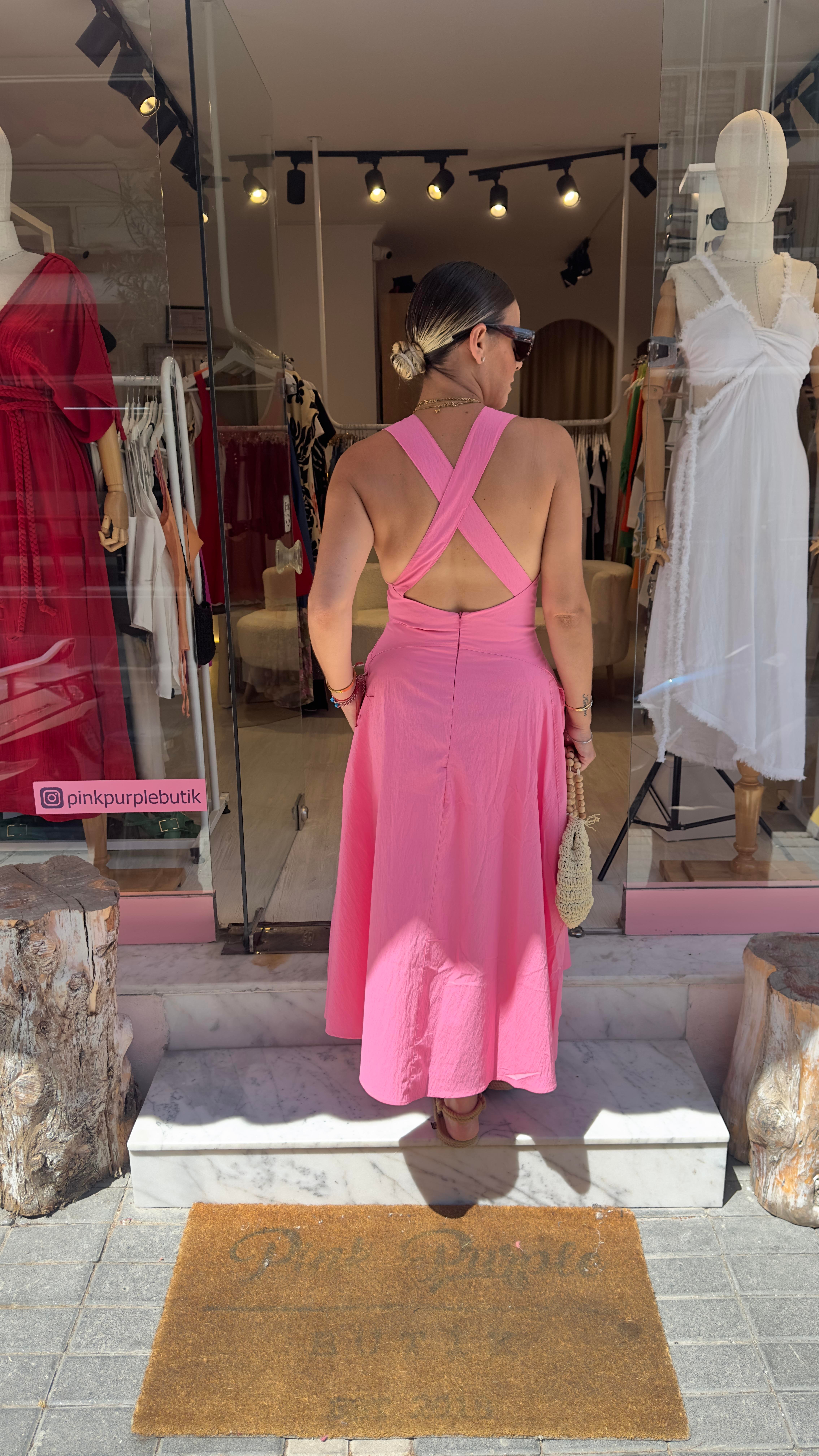 Pembe Sırtı Çapraz Midi Elbise