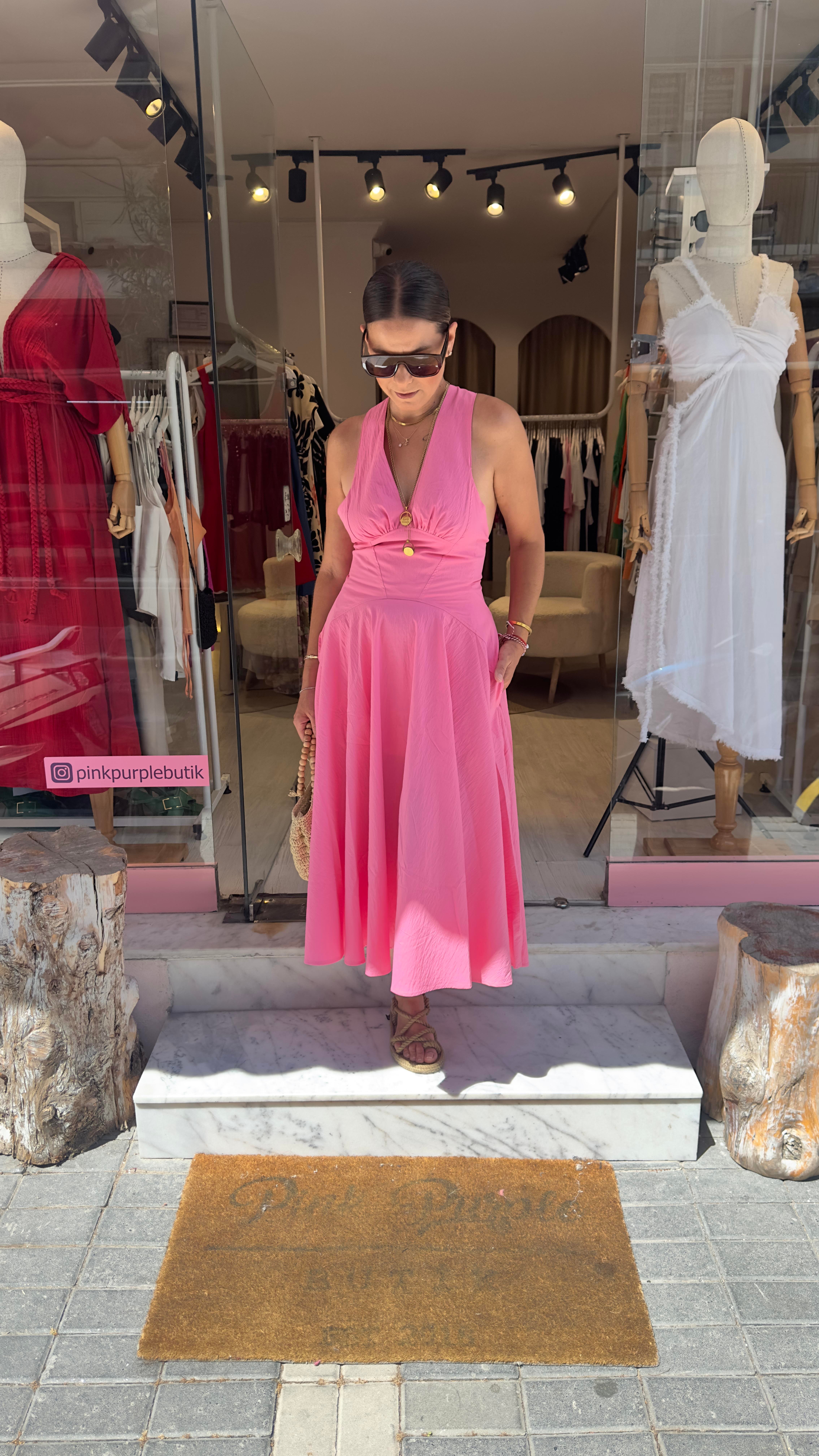 Pembe Sırtı Çapraz Midi Elbise