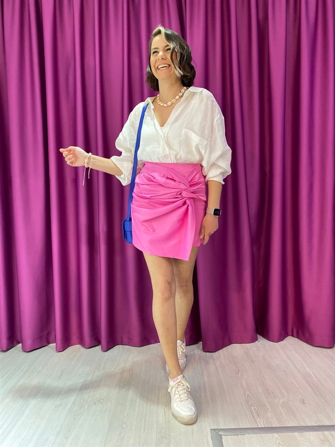 Saten Büzgülü Pembe Mini Etek