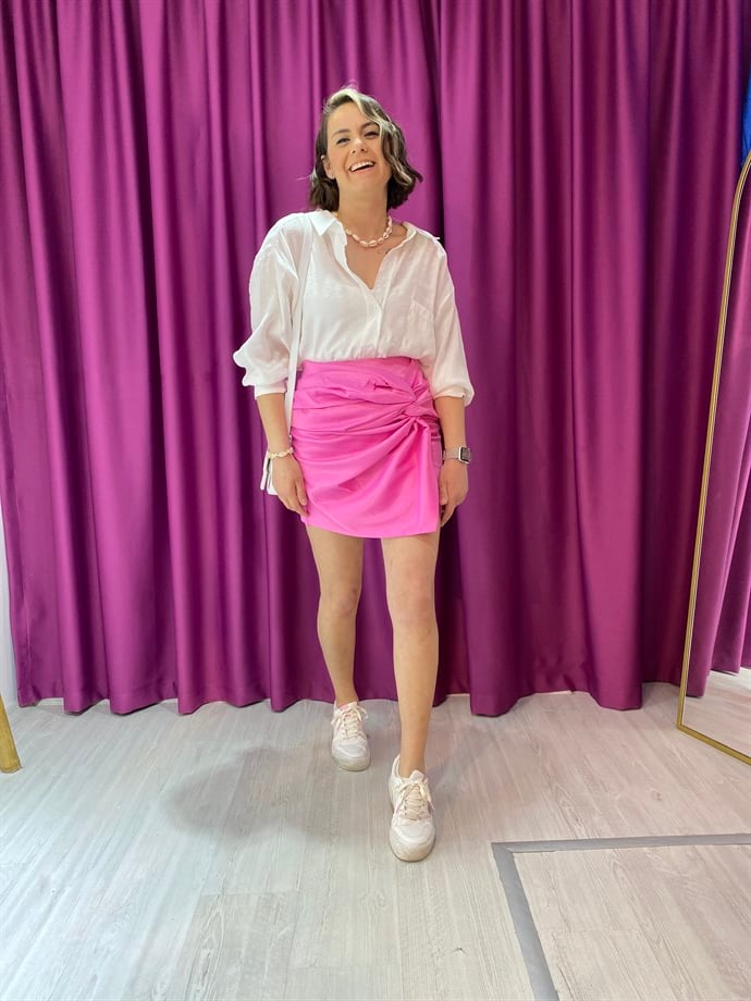 Saten Büzgülü Pembe Mini Etek