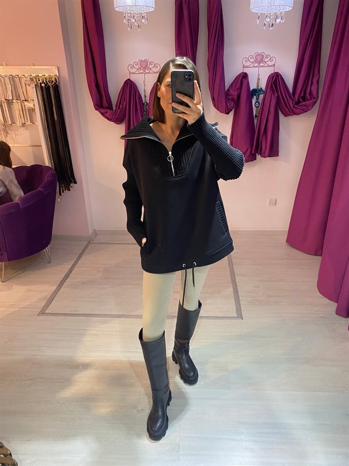 Siyah Fermuarlı Sweatshirt