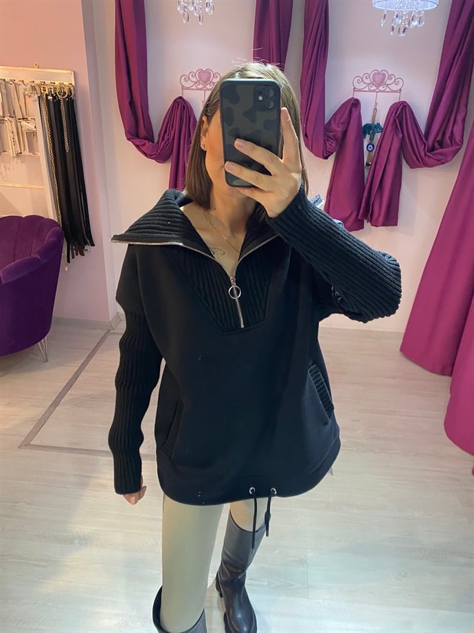 Siyah Fermuarlı Sweatshirt