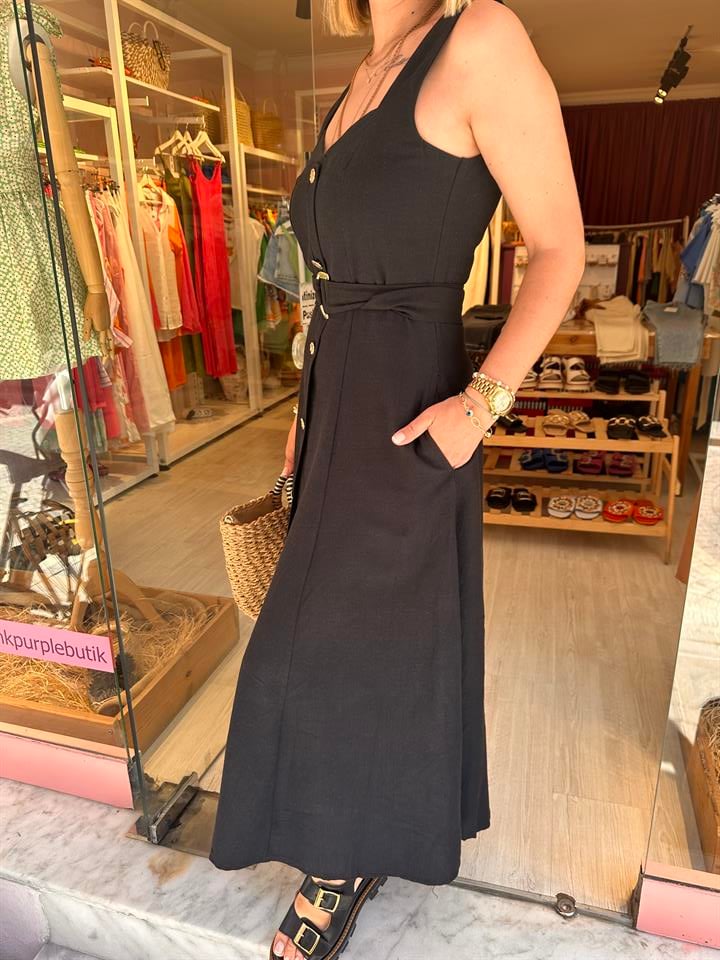 Siyah Gold Düğmeli Midi Elbise