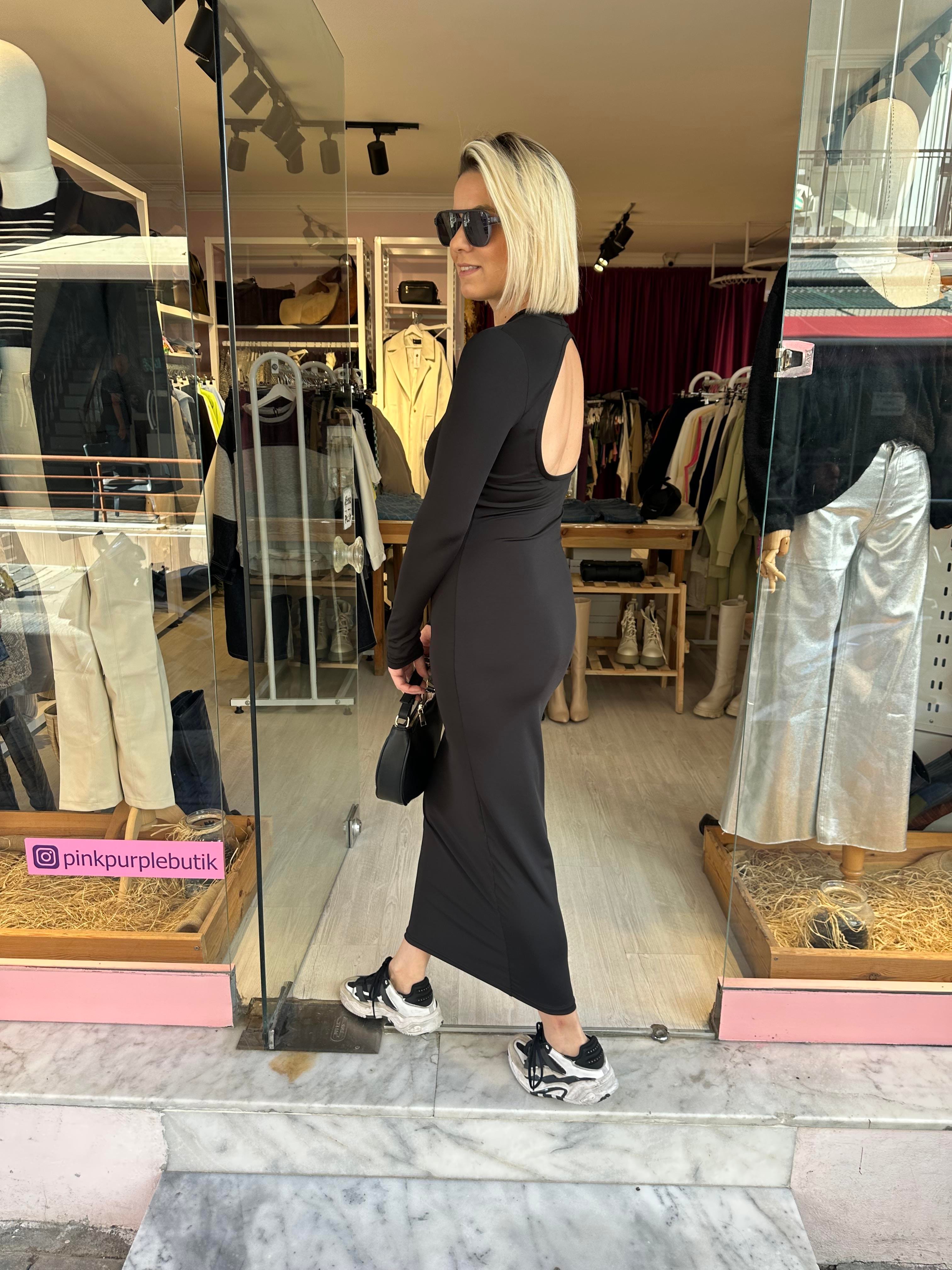 Siyah Maxi Boy Sırt Dekolteli Elbise